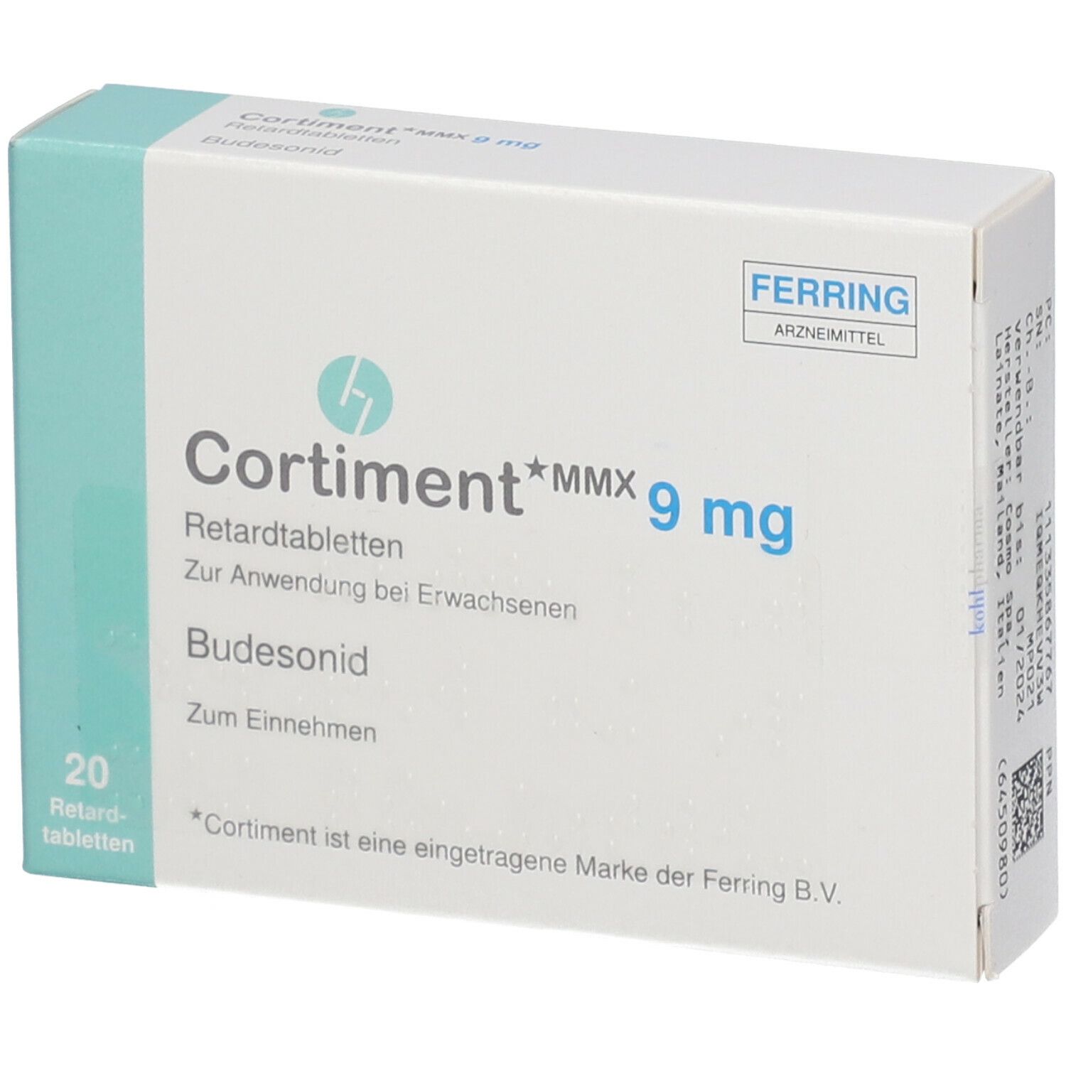 Schachtel mit Medikamenten. Aufschrift: Cortiment MMX 9 mg, 20 Retardtabletten. Marke Ferring.