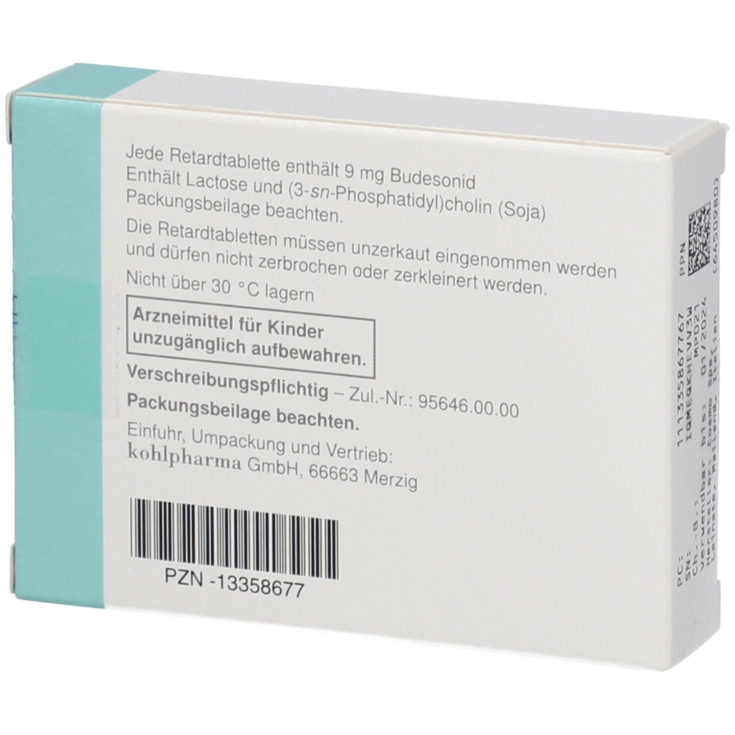 Rückseite der Medikamentenbox. Text: Inhaltsstoffe, Lagerungshinweise, Herstellerinformationen und PZN-Nummer.