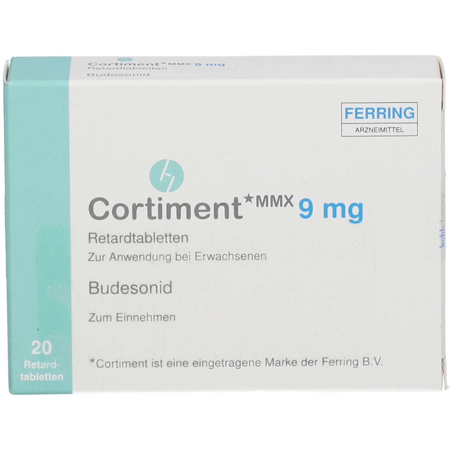 Medikamentenbox, Ansicht von vorne. Aufschrift: Cortiment MMX 9 mg, 20 Retardtabletten. Marke Ferring.