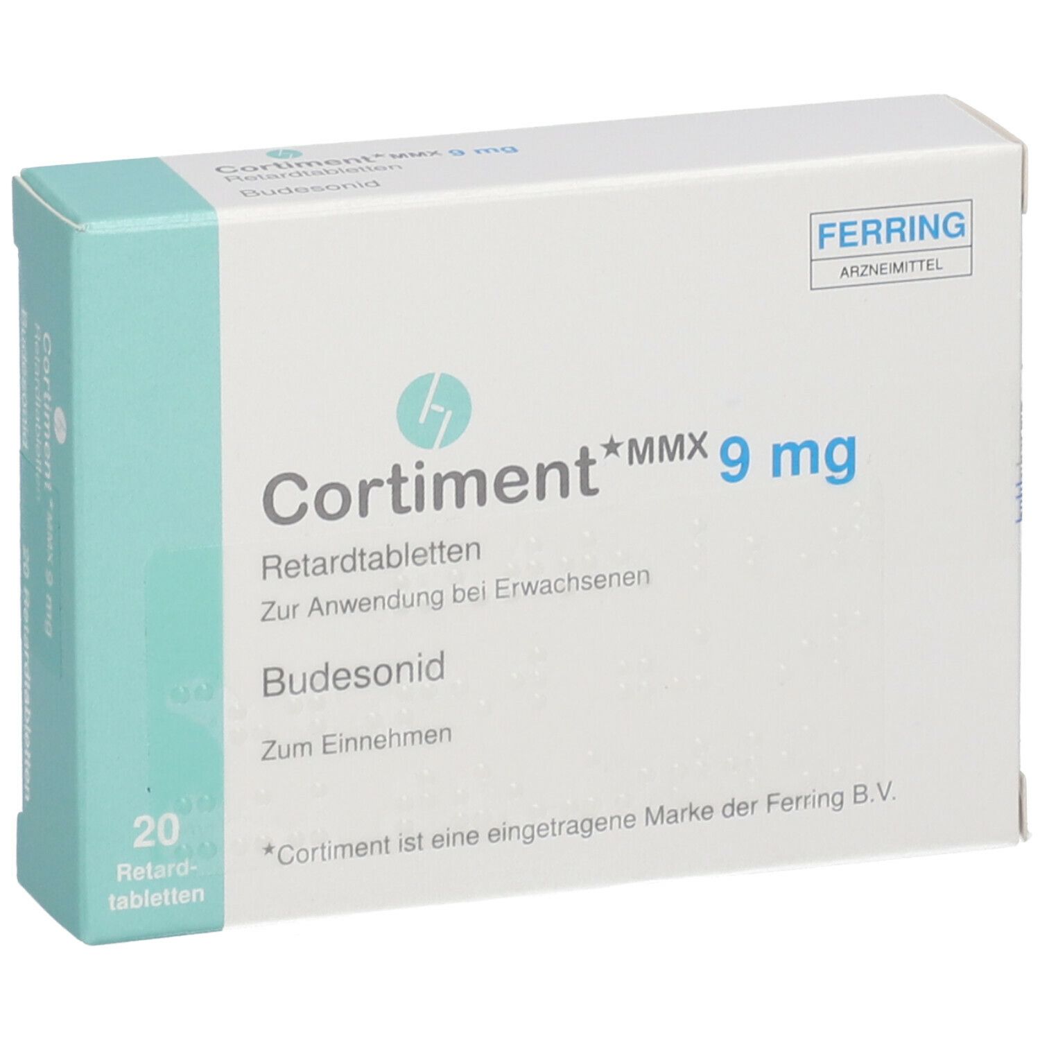 Medikamentenbox, leicht schräg. Aufschrift: Cortiment MMX 9 mg, 20 Retardtabletten. Marke Ferring.