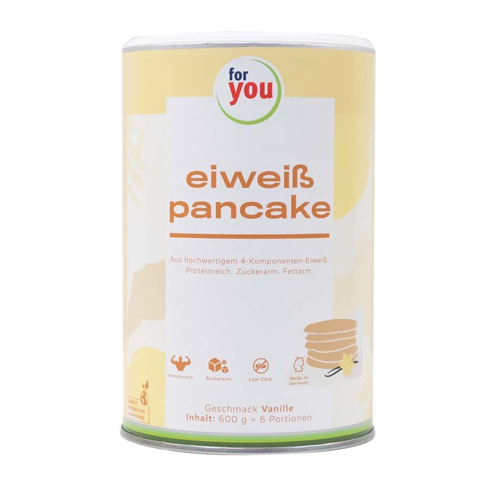 Zylindrische Dose "for you" Eiweiß Pancake Vanille. Aufschrift: "eiweiß pancake". Symbole für Proteine, Low Carb, und Vanille-Pfannkuchen.
