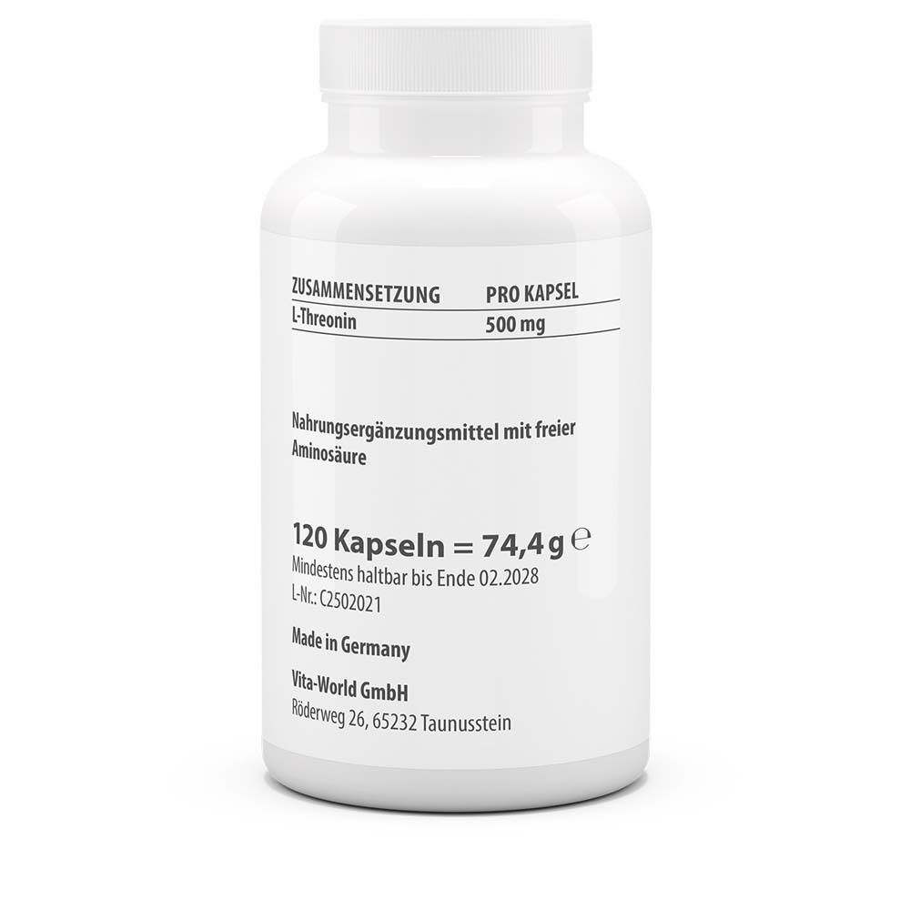 Rückseite der weißen Flasche VitaWorld L-Threonin 500. Angaben zu Inhaltsstoffen, Dosierung, Haltbarkeit und Hersteller.