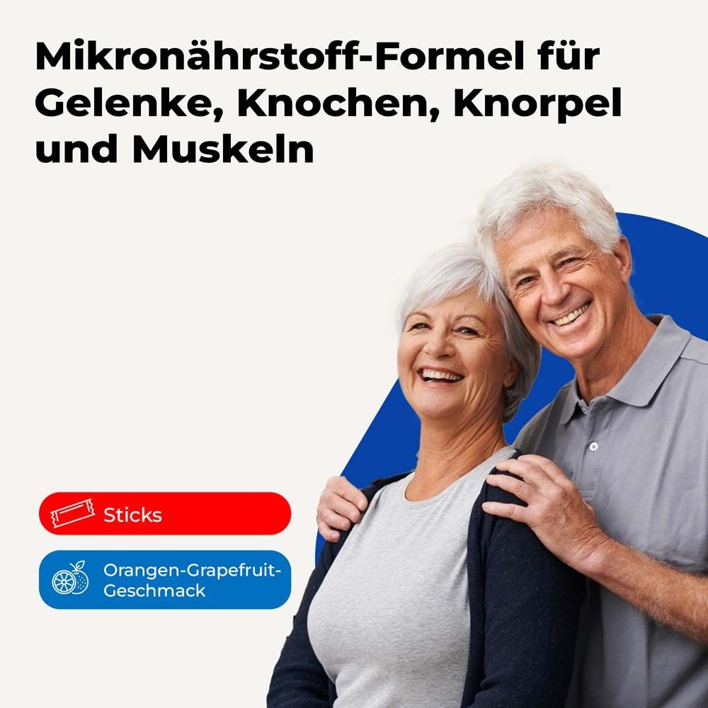 Älteres Paar lächelt. Text: Mikronährstoff-Formel für Gelenke, Knochen, Knorpel und Muskeln. Sticks und Orangengeschmack.