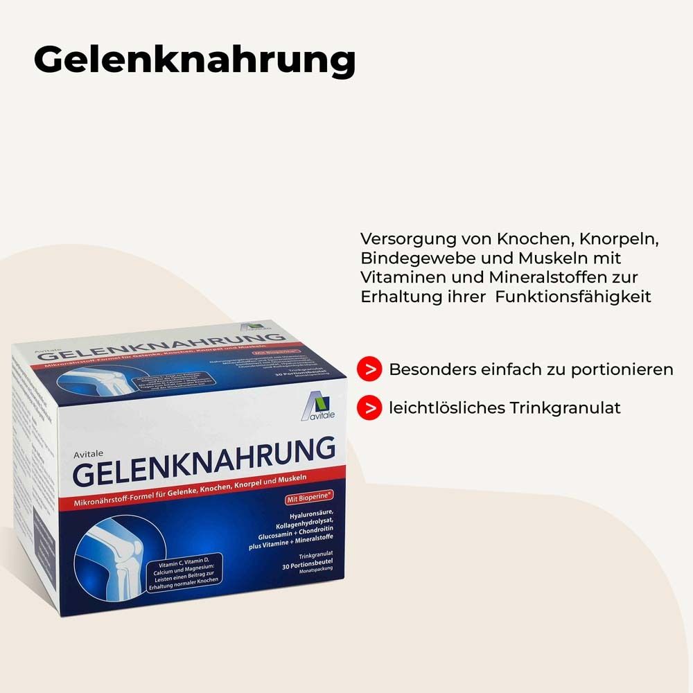 Produktverpackung mit Text: Gelenknahrung. Enthält Vitamine und Mineralstoffe. Besonders einfach zu portionieren.