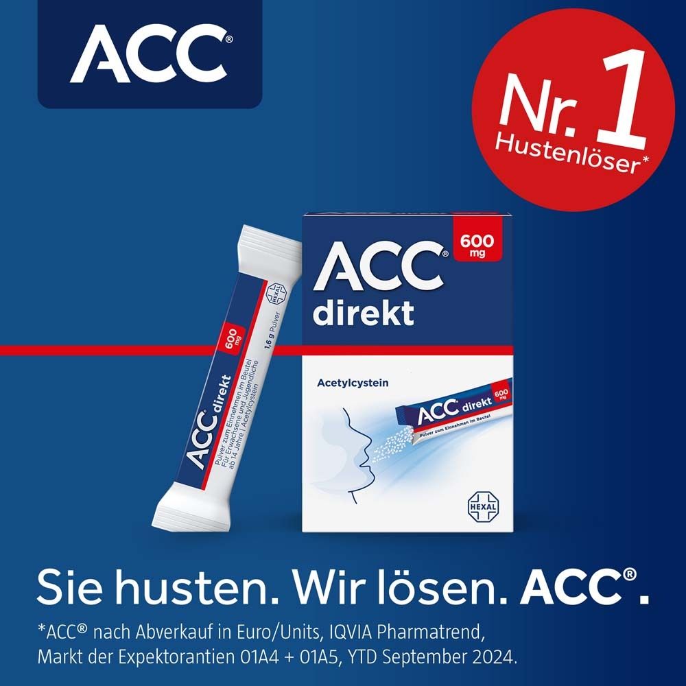 Packung ACC direkt 600 mg und Einzelbeutel. Text: Sie husten. Wir lösen. ACC. Marke ACC direkt.