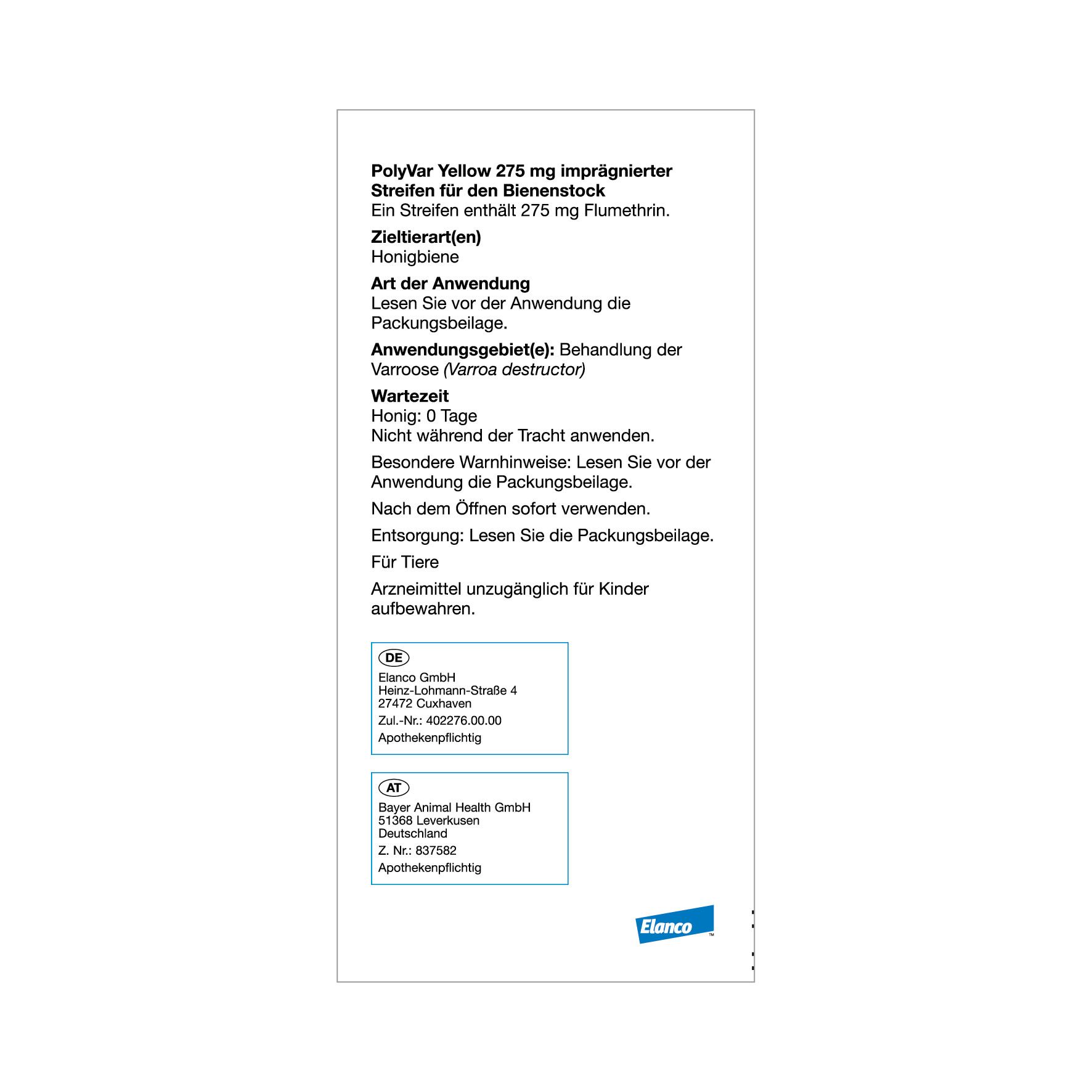 Rückseite der Verpackung mit Informationen zu PolyVar Yellow. Enthält Informationen zur Anwendung, Wartezeit und Inhaltsstoffen.