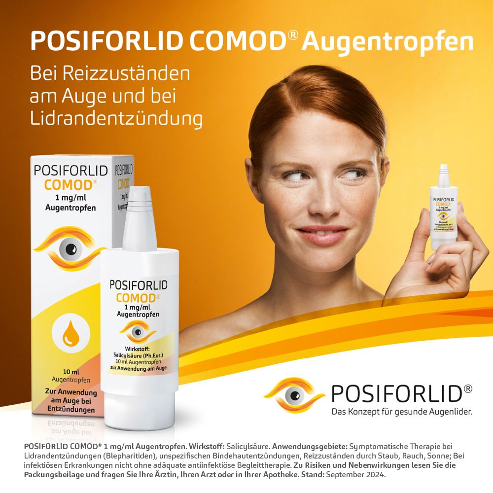 POSIFORLID COMOD Augentropfen, 1 mg/ml. Frau hält Produkt. Verpackung und Flasche sichtbar. Text: Bei Reizzuständen am Auge.