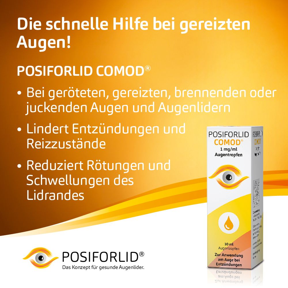 POSIFORLID COMOD Augentropfen, 1 mg/ml. Verpackung und Flasche. Text: Schnelle Hilfe bei gereizten Augen. 10 ml.