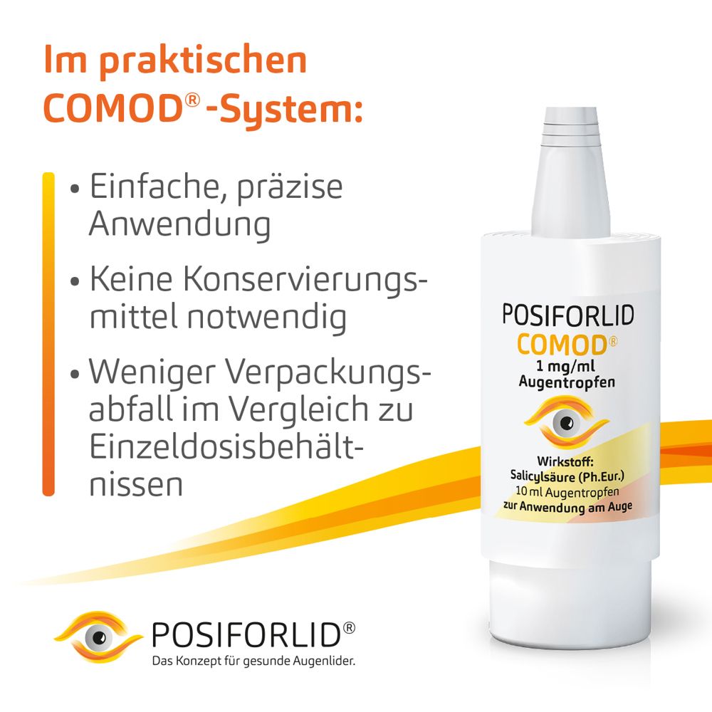 POSIFORLID COMOD Augentropfen, 1 mg/ml. Flasche und Verpackung. Text: Einfache, präzise Anwendung. Keine Konservierungsmittel.