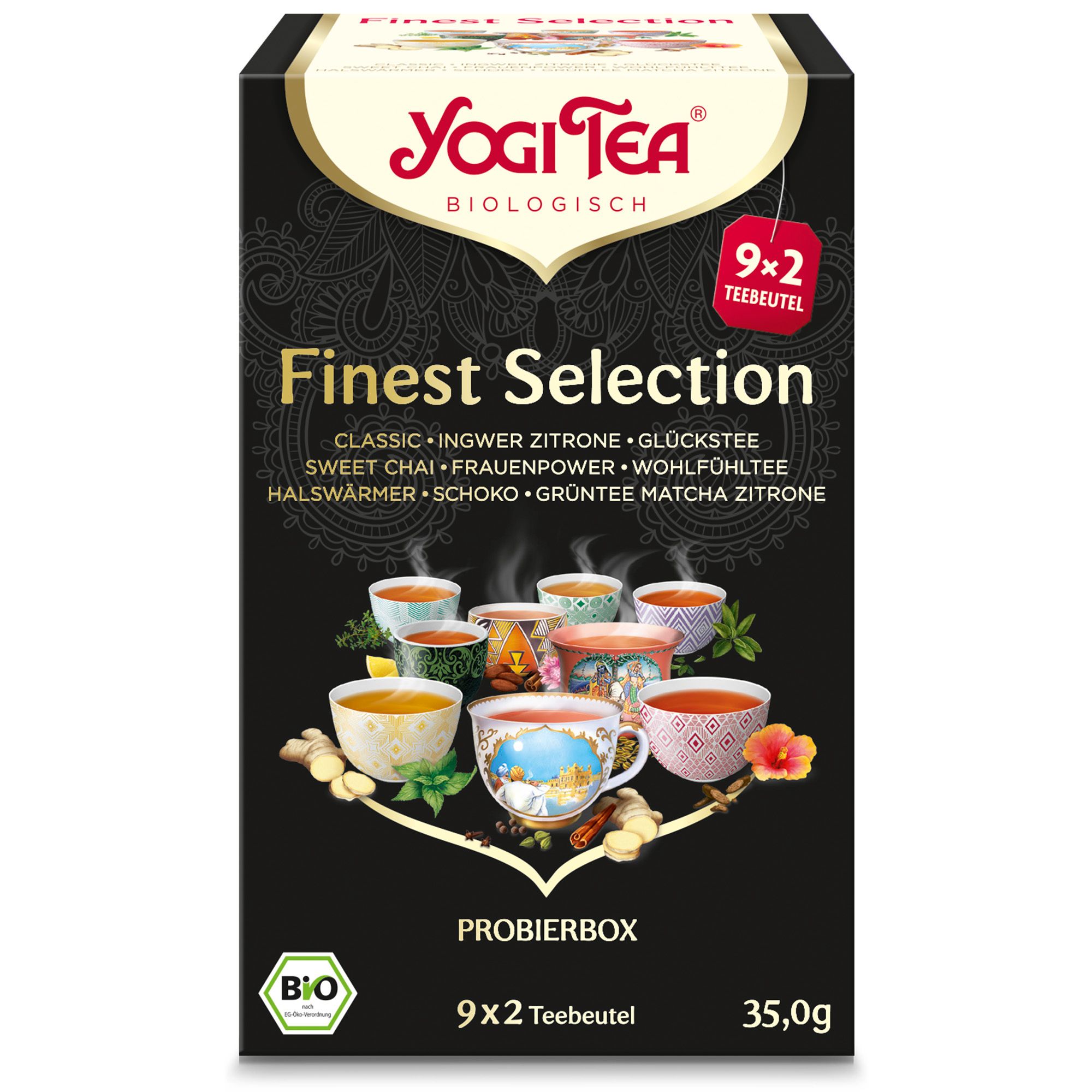 Schwarze Teebox mit "Yogi Tea" Logo und "Finest Selection" Schriftzug. Enthält 9x2 Teebeutel. Bio-Siegel.