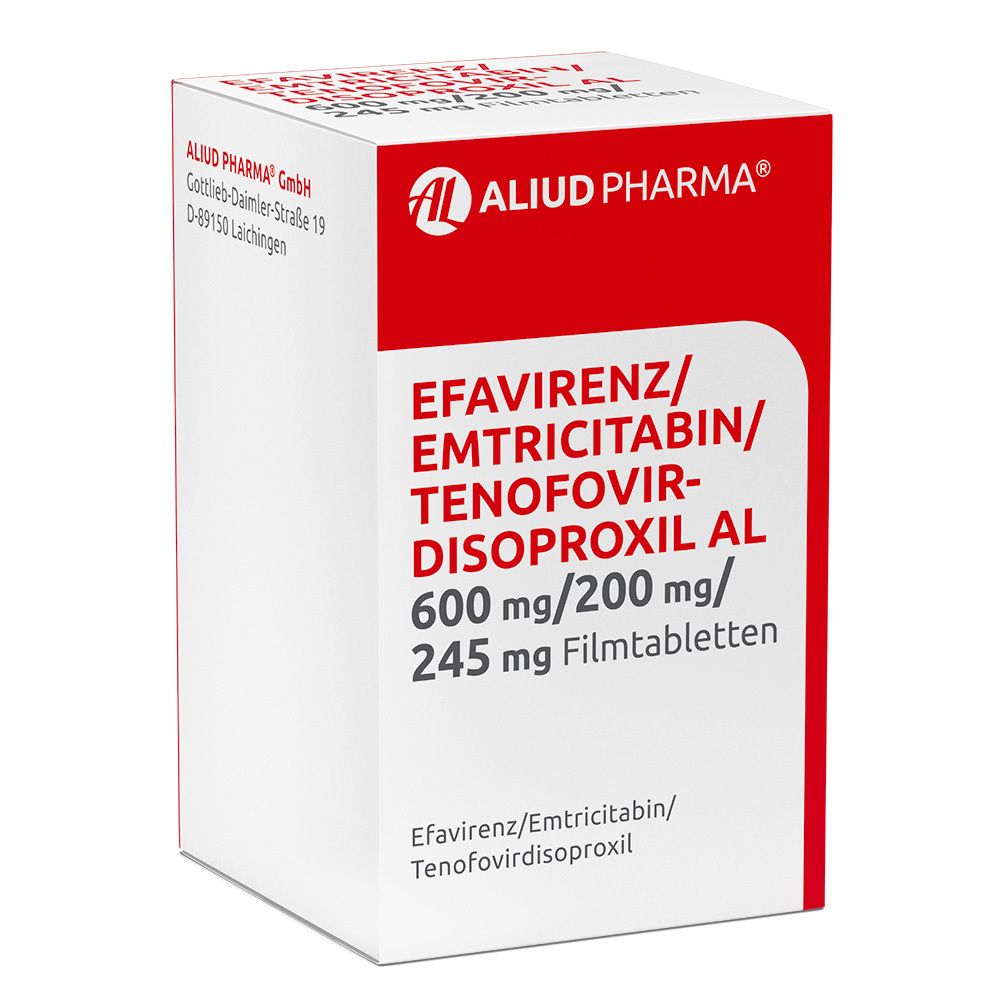 Weißer Karton mit roter Beschriftung. Enthält Efavirenz/Emtricitabin/Tenofovirdisoproxil AL 600 mg/200 mg/245 mg Filmtabletten.