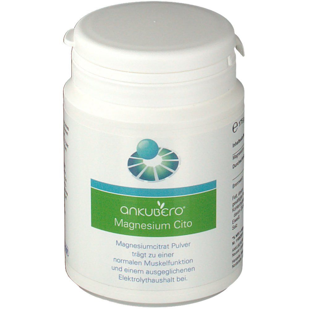 Weiße Dose mit Deckel. Aufschrift: ankubero® Magnesium Cito. Grün-weißes Etikett mit Produktinformationen.