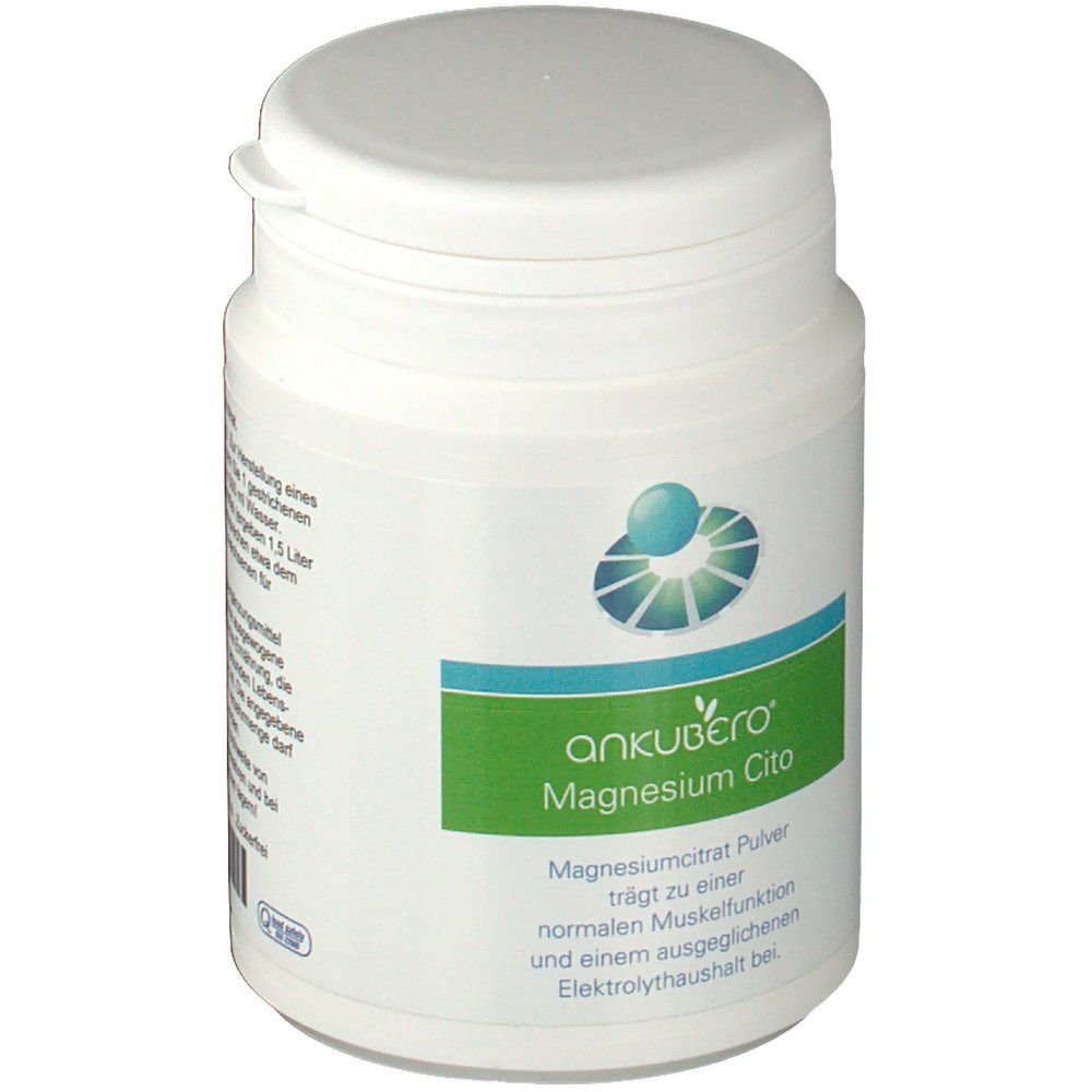 Weiße Dose mit Deckel. Aufschrift: ankubero® Magnesium Cito. Grün-weißes Etikett mit Produktinformationen.
