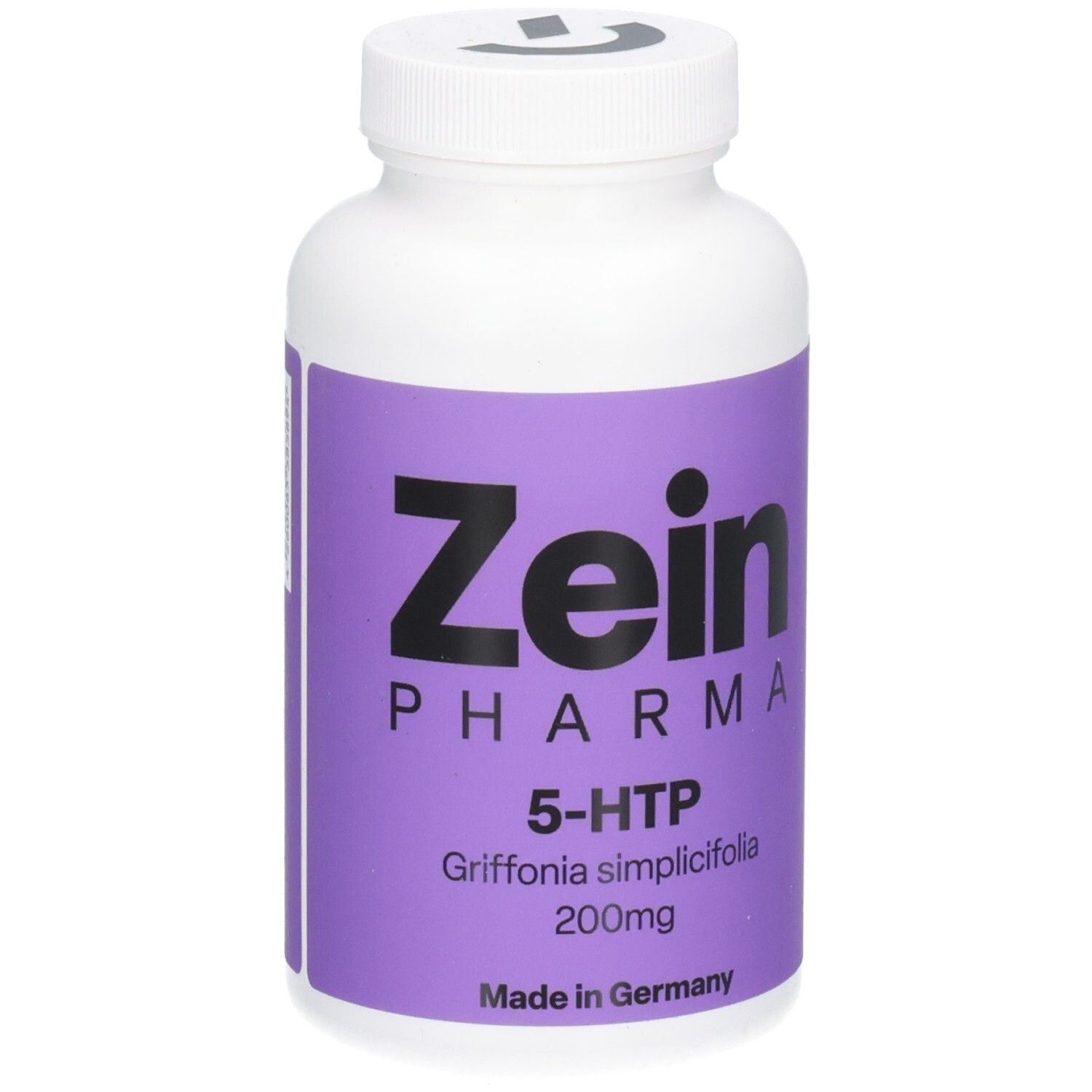 Weiße Flasche mit lila Etikett. Zein Pharma, 5-HTP, Griffonia simplicifolia, 200mg. Hergestellt in Deutschland.