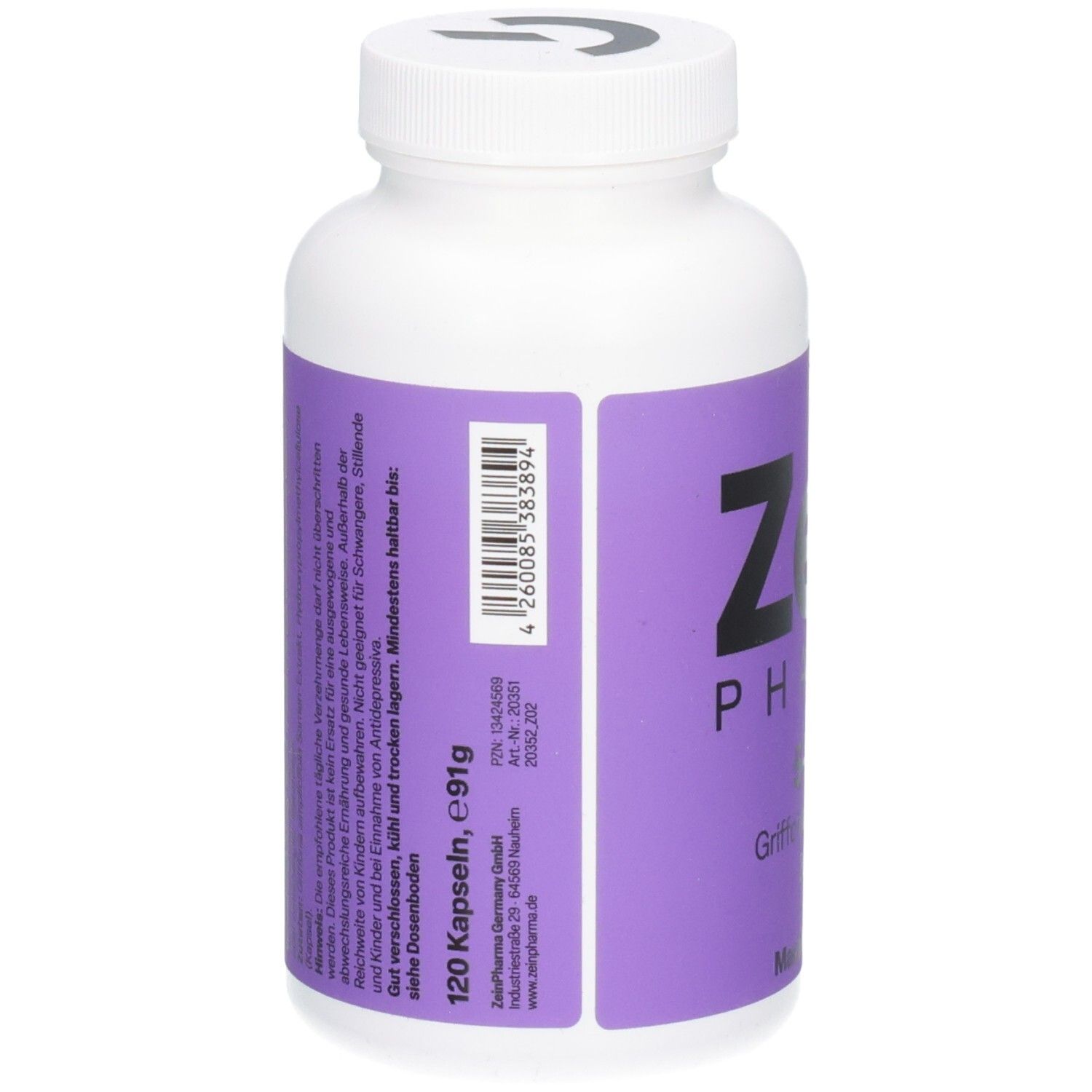 Weiße Flasche mit lila Etikett. 120 Kapseln, 91g. Zein Pharma. Informationen und Barcode auf dem Etikett.