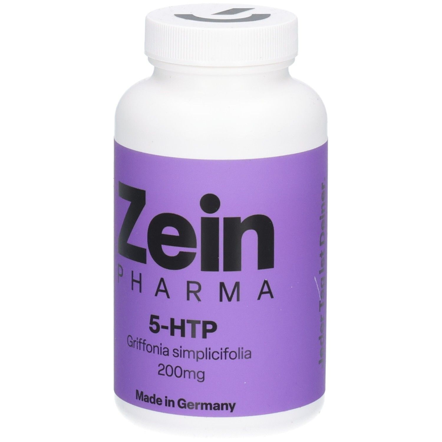 Weiße Flasche mit lila Etikett. Zein Pharma, 5-HTP, Griffonia simplicifolia, 200mg. Hergestellt in Deutschland.
