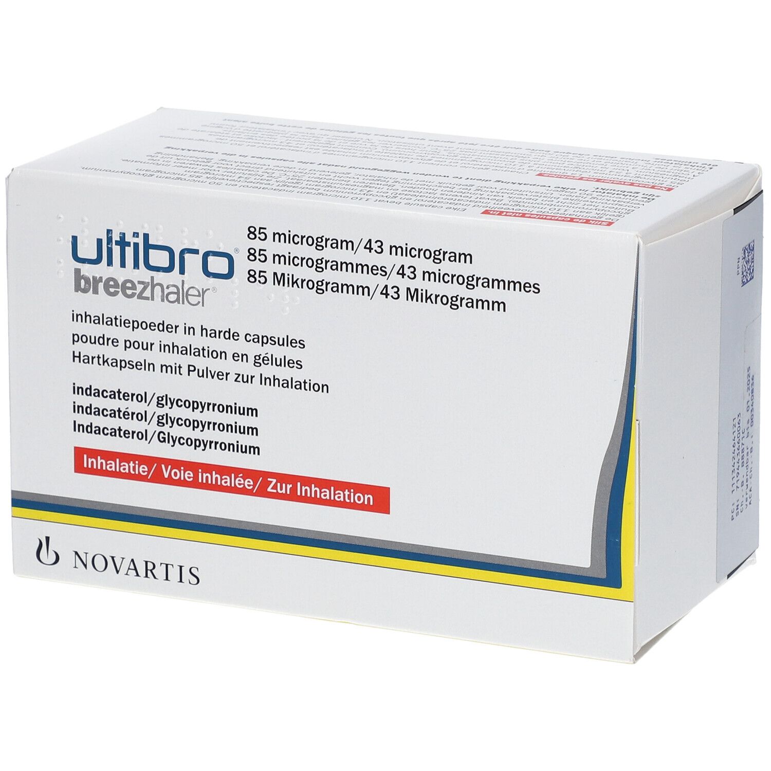Weiße Verpackung mit Produktnamen und Dosierungsangaben. Novartis-Logo unten. Mehrsprachige Beschriftung.