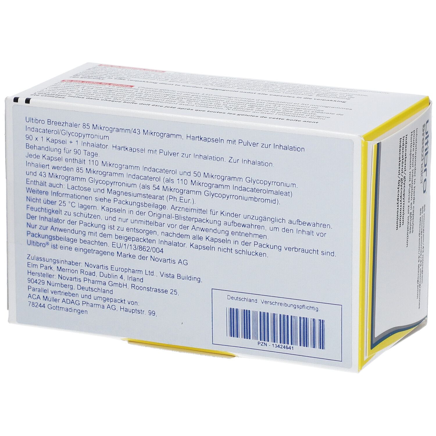Rückseite der weißen Verpackung. Textinformationen, Dosierung, Herstellerangaben und Barcode.