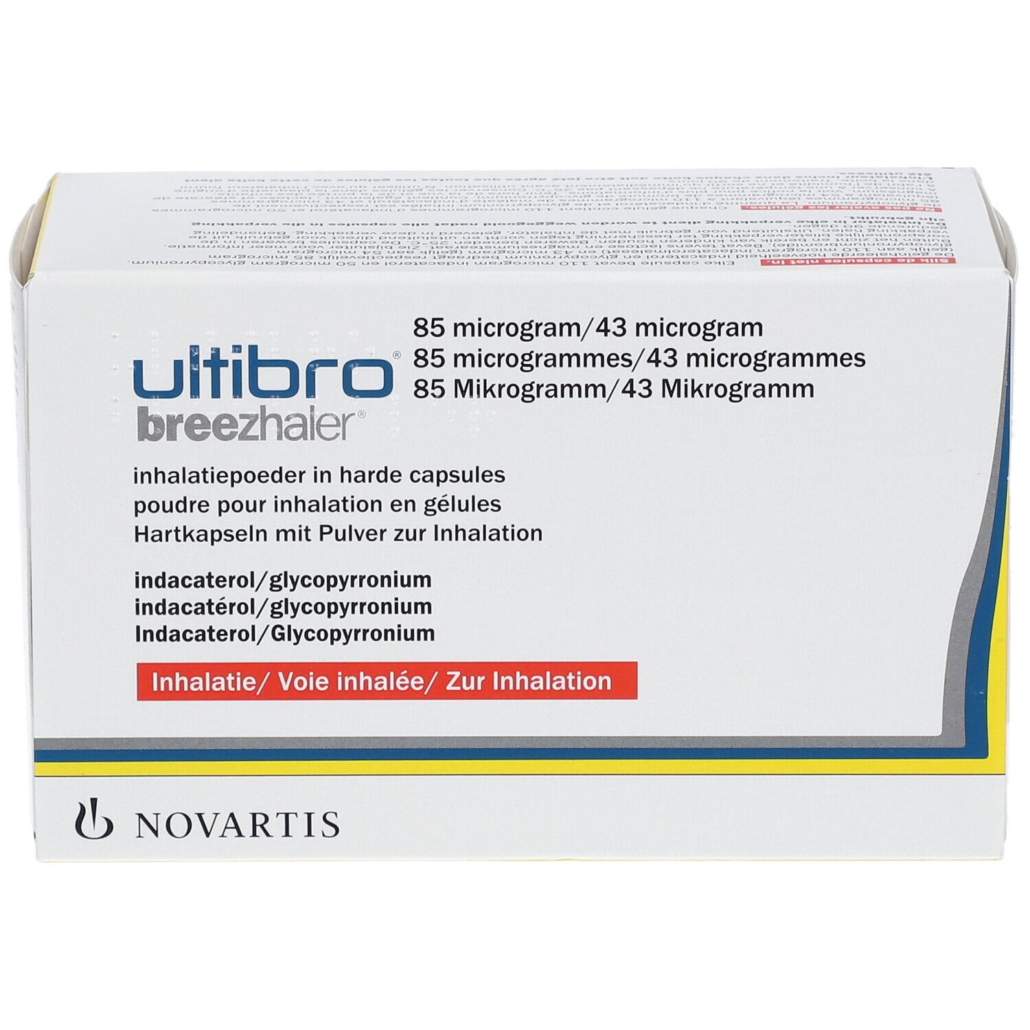 Weiße Verpackung mit Produktnamen und Dosierungsangaben. Mehrsprachige Beschriftung. Novartis-Logo.