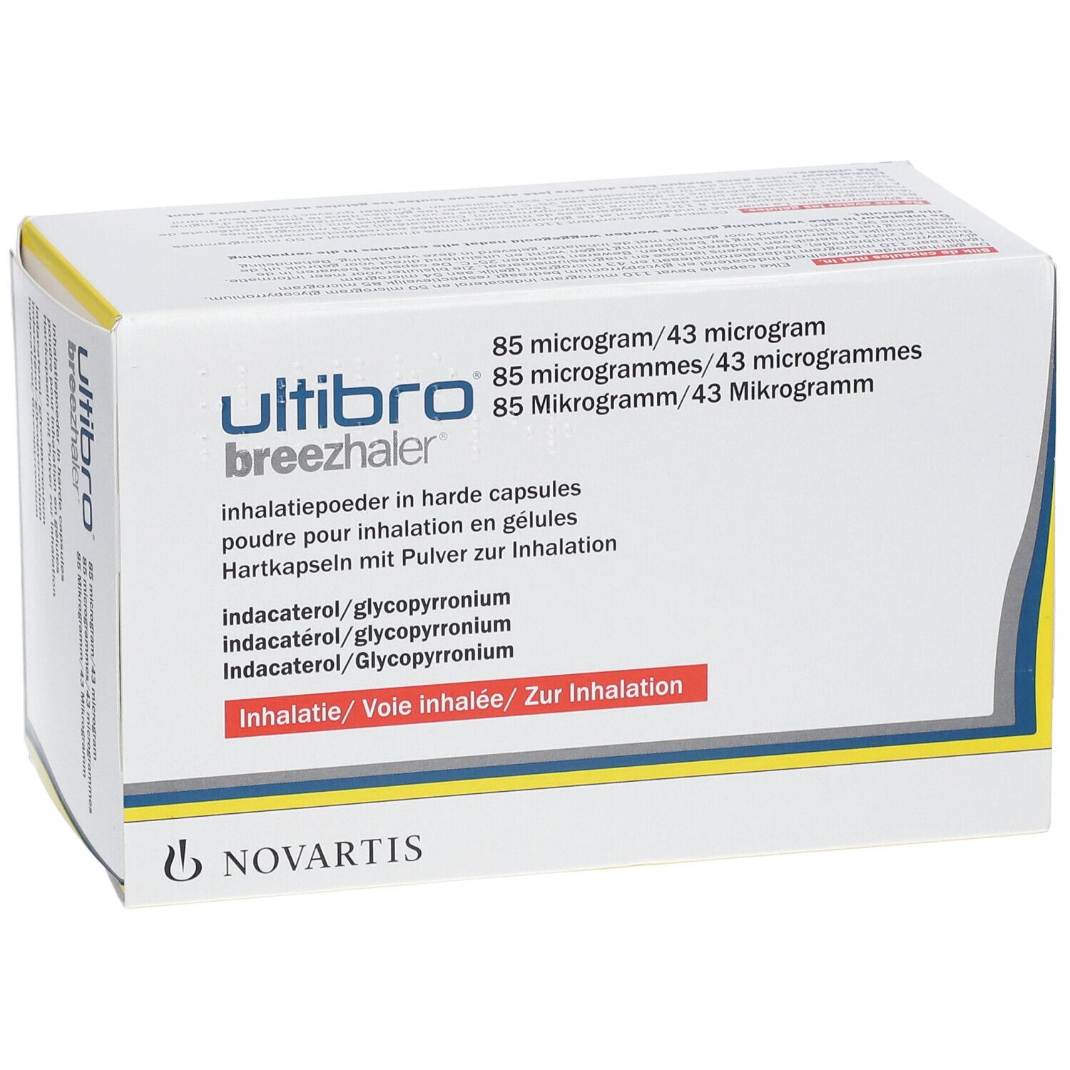 Weiße Verpackung mit Produktnamen und Dosierungsangaben. Mehrsprachige Beschriftung. Novartis-Logo.