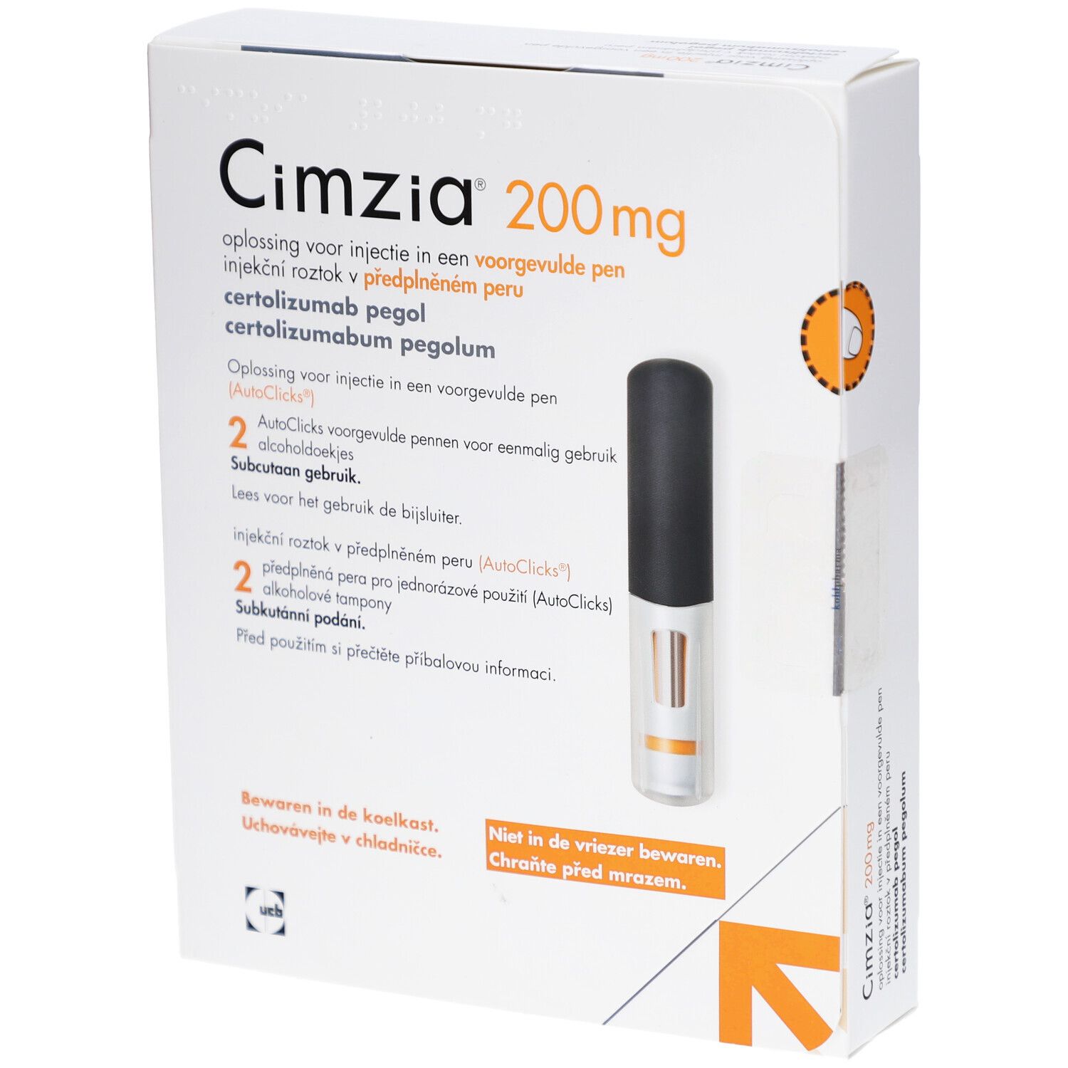 Verpackung von Cimzia 200 mg. Enthält zwei Fertigpens und Alkoholtupfer. Weiße Schachtel mit orangefarbenen Akzenten.