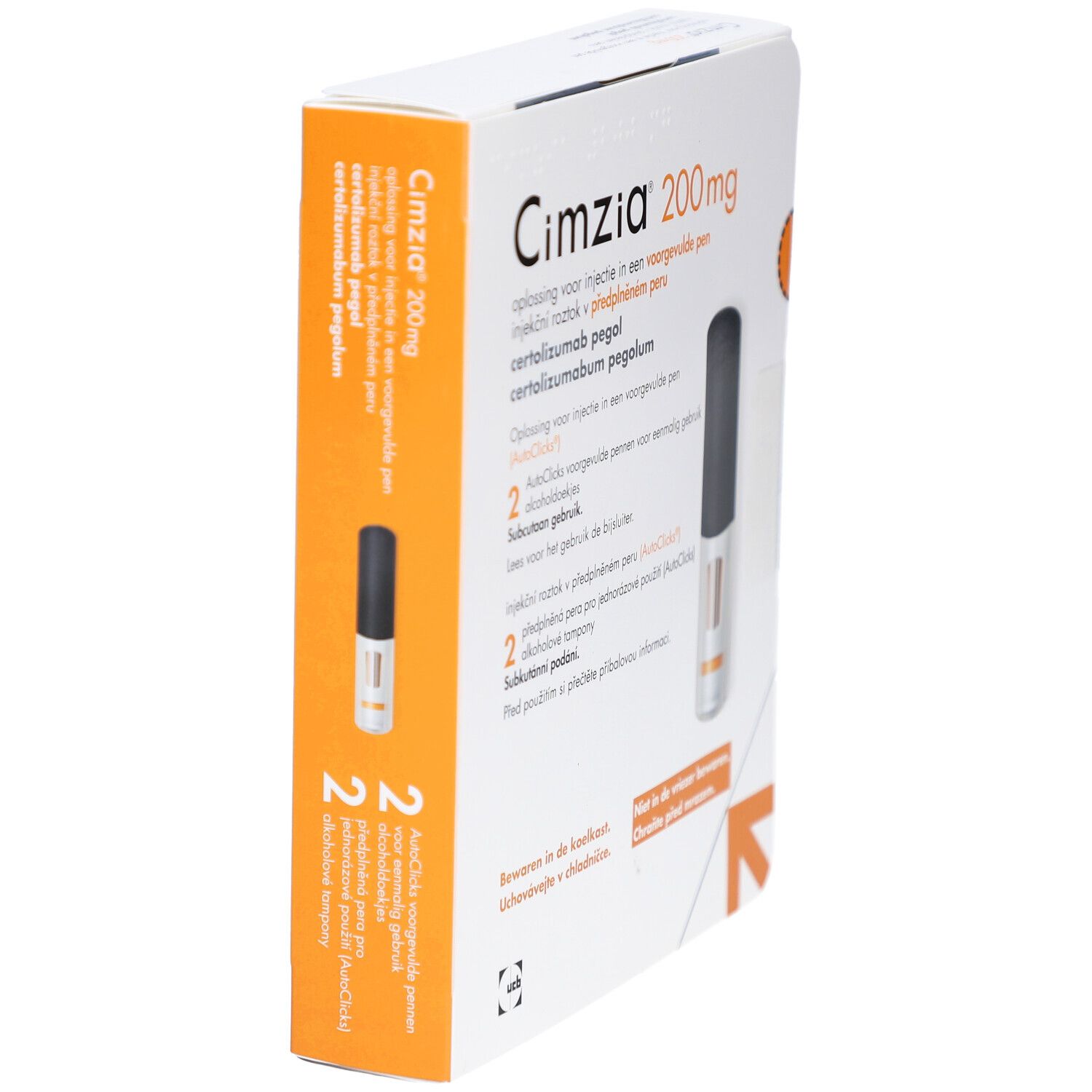 Cimzia 200 mg Verpackung, seitliche Ansicht. Enthält zwei Fertigpens. Weiße Schachtel mit orangefarbenen und schwarzen Elementen.