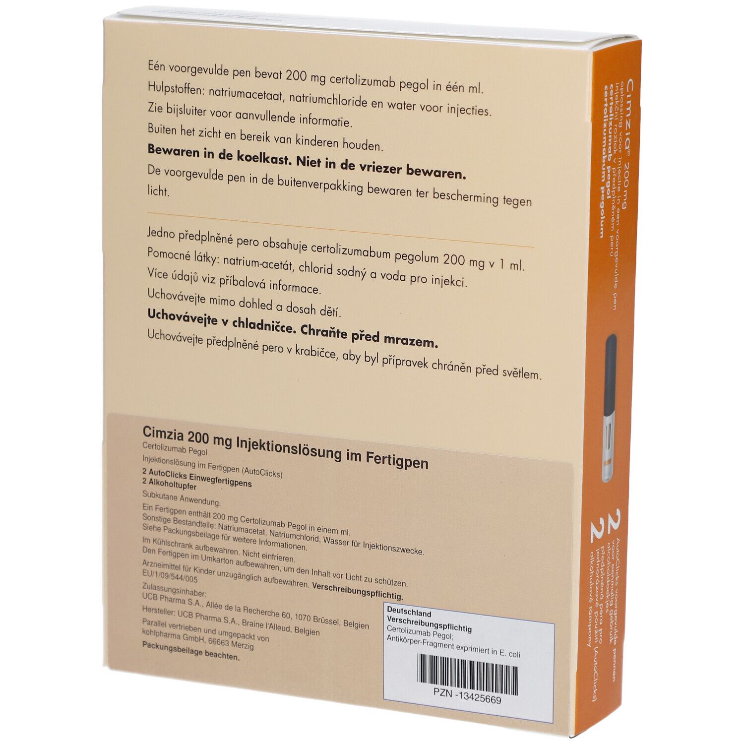 Rückseite der Cimzia 200 mg Verpackung. Enthält Informationen in mehreren Sprachen. Beige Hintergrund mit schwarzer Schrift.