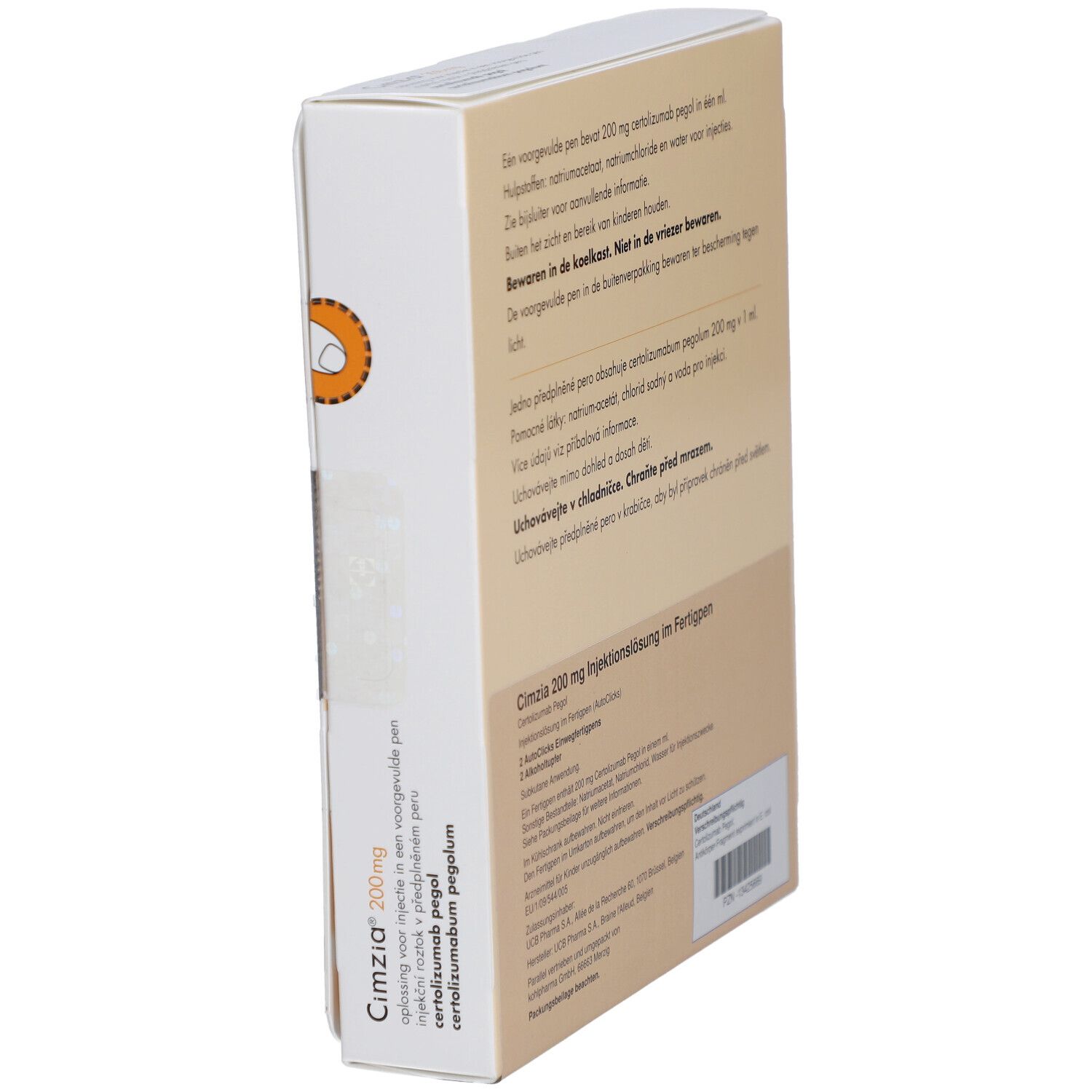 Cimzia 200 mg Verpackung, seitliche Ansicht. Enthält Informationen in mehreren Sprachen. Beige Hintergrund mit schwarzer Schrift.