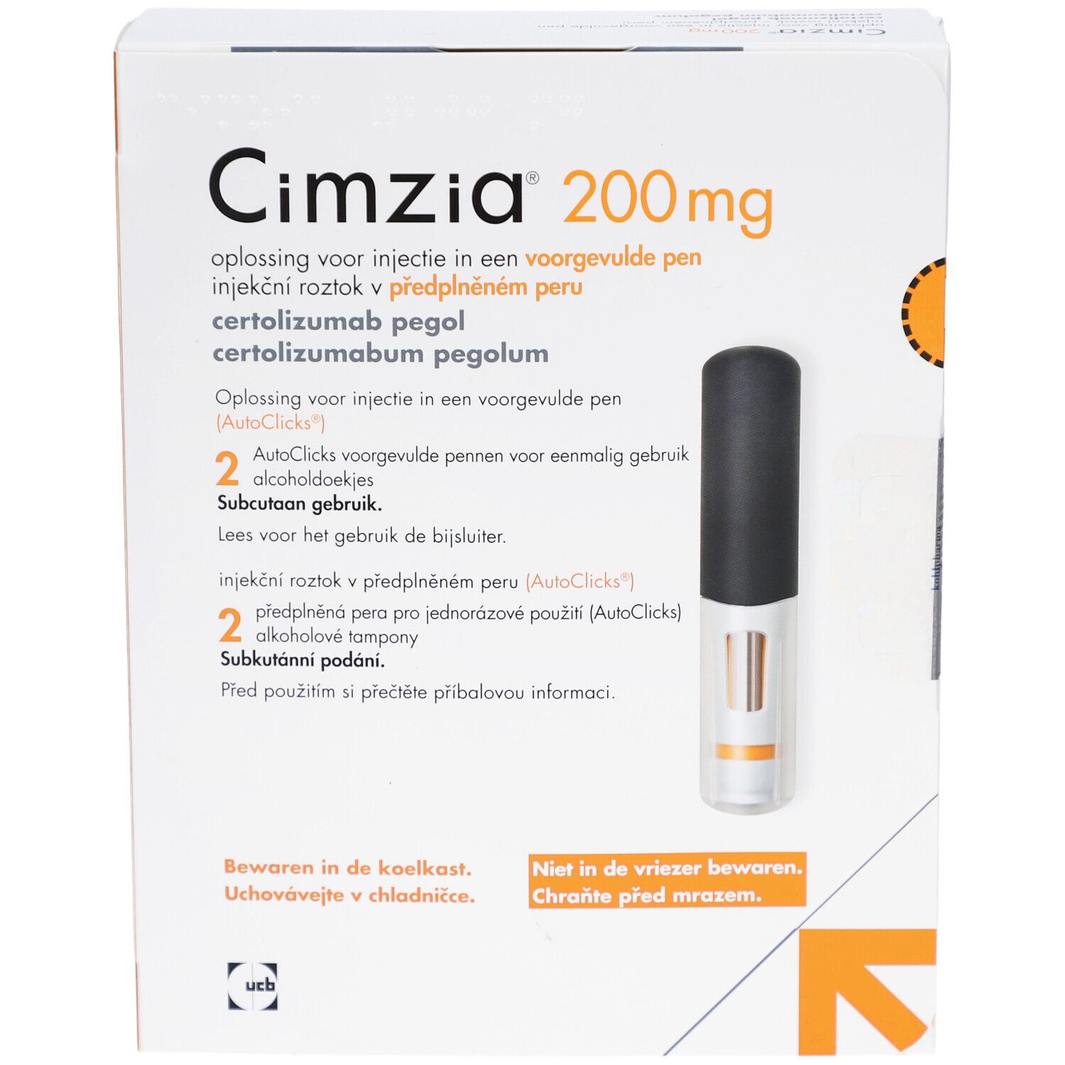 Vorderansicht der Cimzia 200 mg Verpackung. Enthält zwei Fertigpens und Alkoholtupfer. Weiße Schachtel mit orangefarbenen Akzenten.