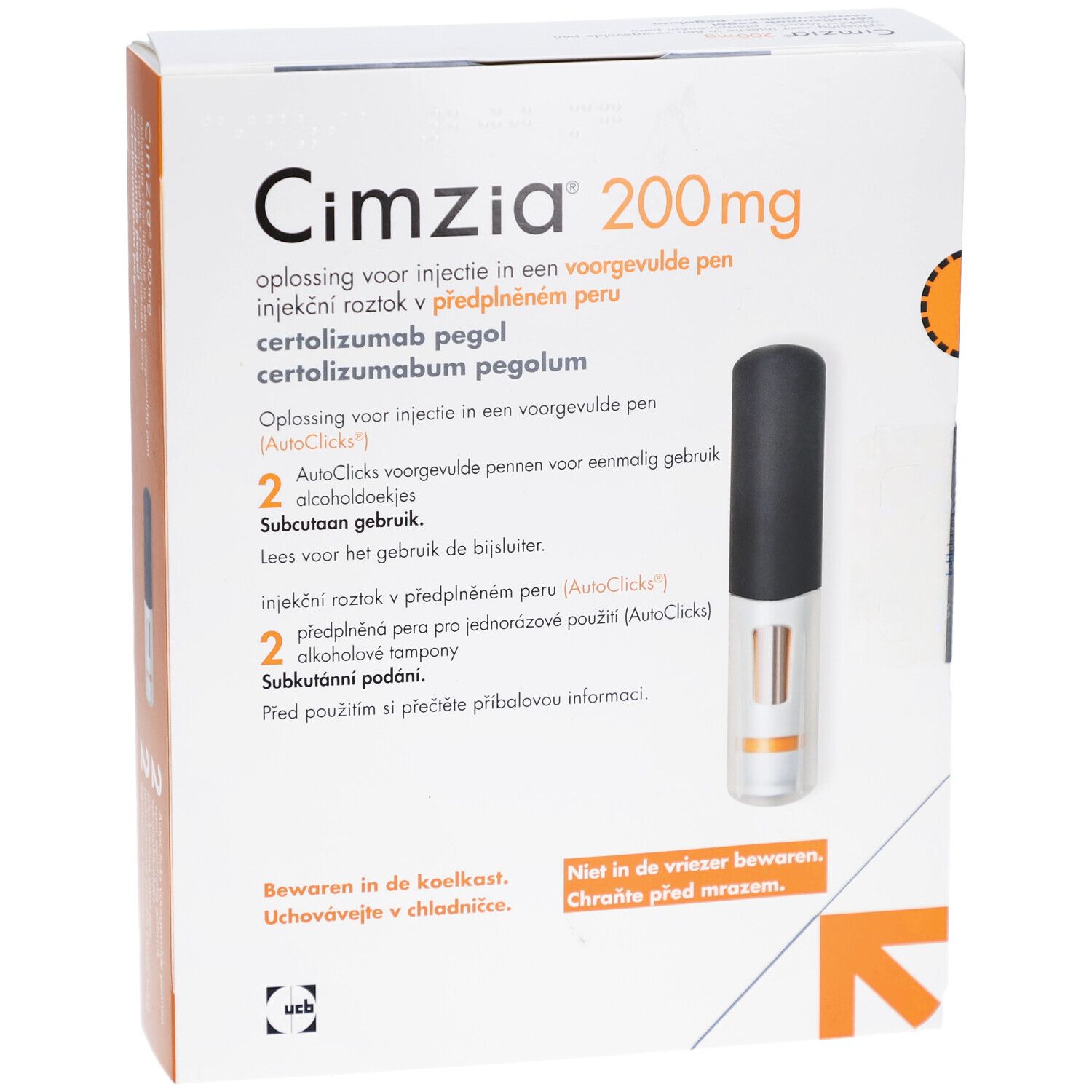 Vorderansicht der Cimzia 200 mg Verpackung. Enthält zwei Fertigpens und Alkoholtupfer. Weiße Schachtel mit orangefarbenen Akzenten.