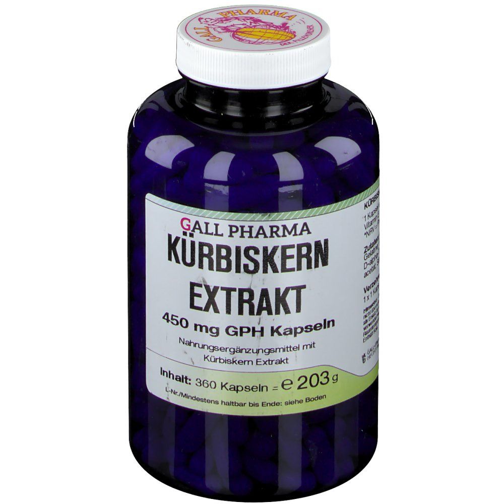 Blaue Flasche mit weißem Deckel. Auf dem Etikett steht: GALL PHARMA Kürbiskern Extrakt 450 mg GPH Kapseln.