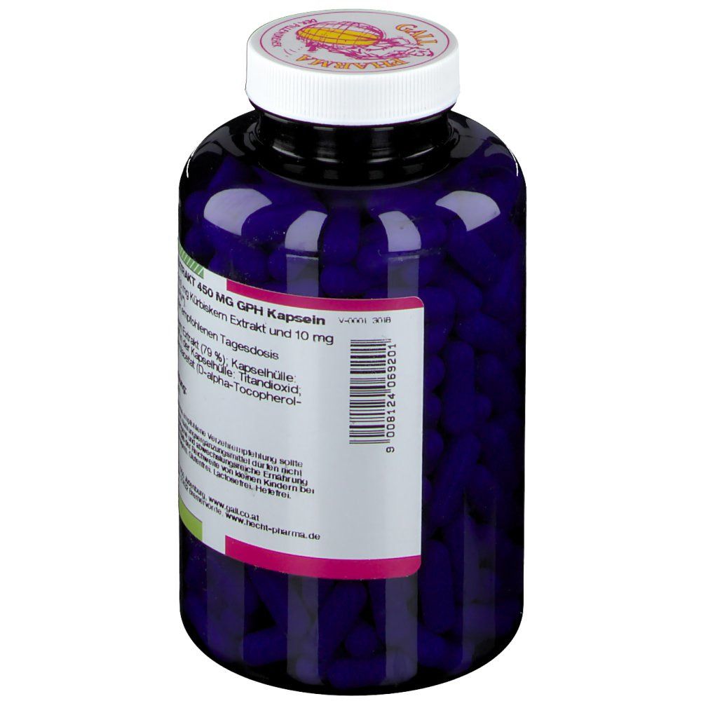 Blaue Flasche mit weißem Deckel. Etikett mit Inhaltsangaben und Zutaten. Text: Kürbiskern Extrakt, 450 mg GPH Kapseln.