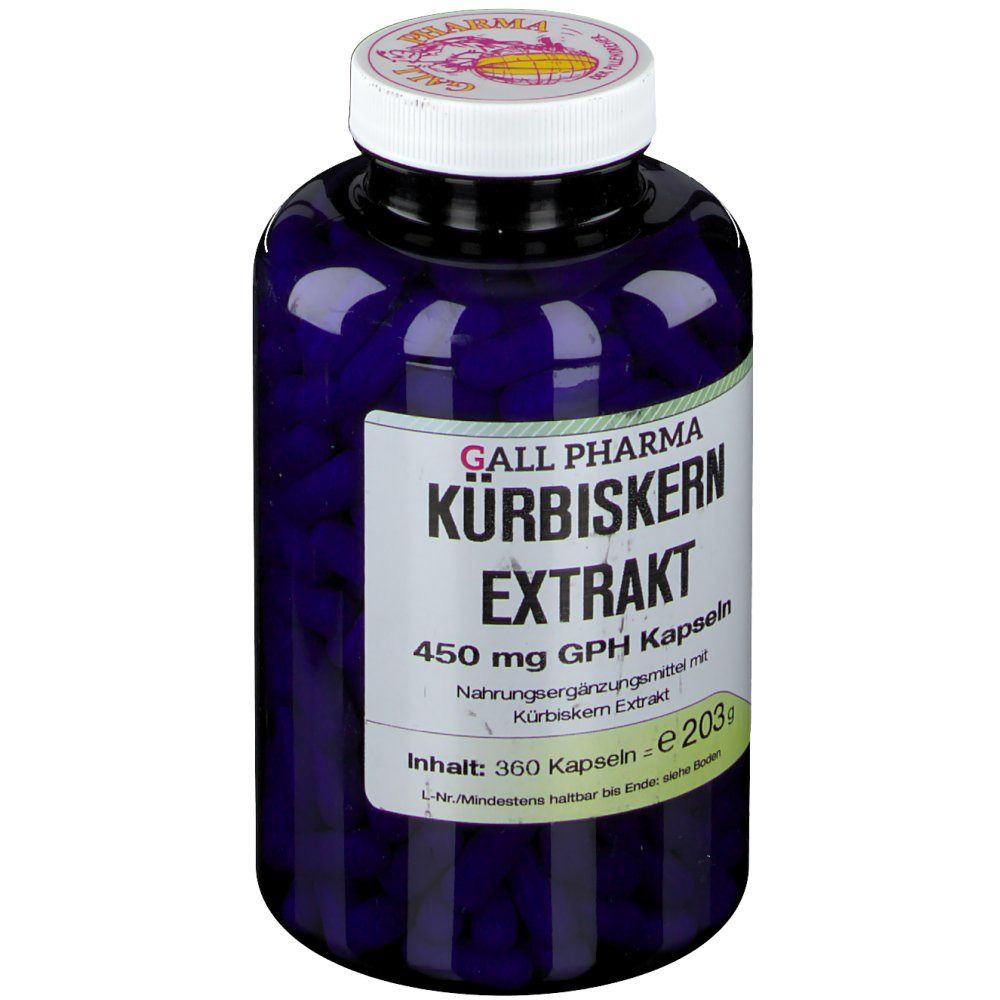 Blaue Flasche mit weißem Deckel. Auf dem Etikett steht: GALL PHARMA Kürbiskern Extrakt 450 mg GPH Kapseln.