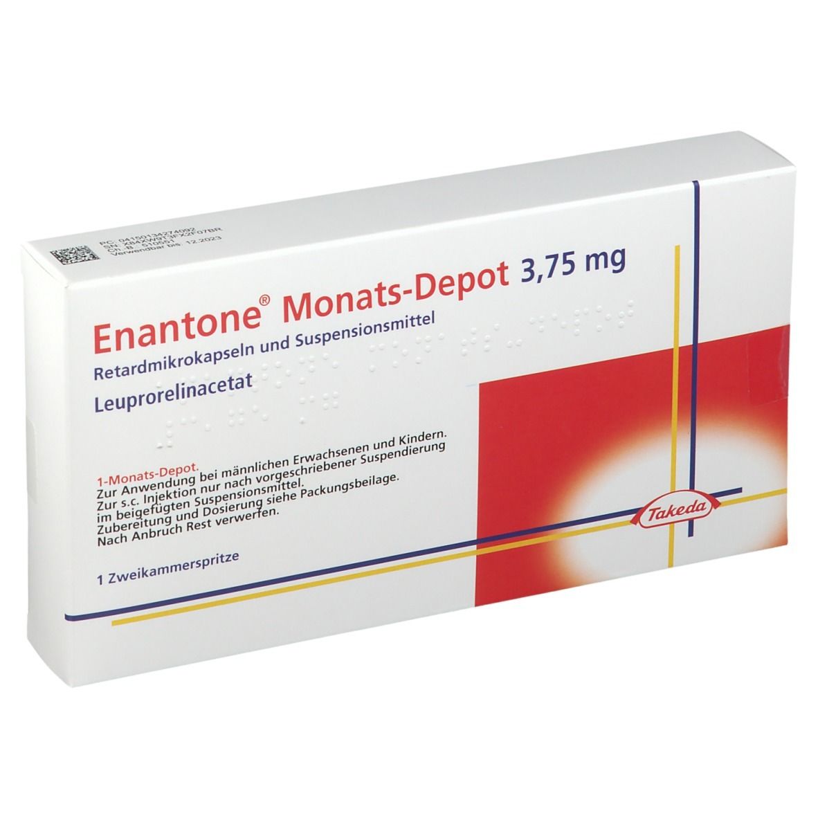 Schachtel mit Aufschrift Enantone Monats-Depot 3,75 mg. Rote und weiße Farbgebung. Takeda-Logo.
