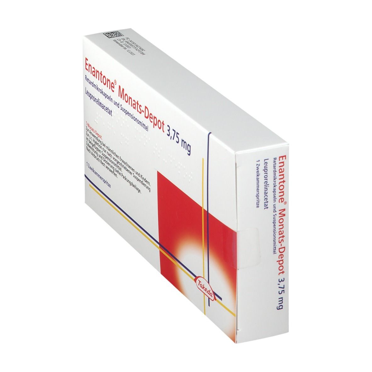 Schräg stehende Schachtel Enantone Monats-Depot 3,75 mg. Rote und weiße Farbgebung. Takeda-Logo.