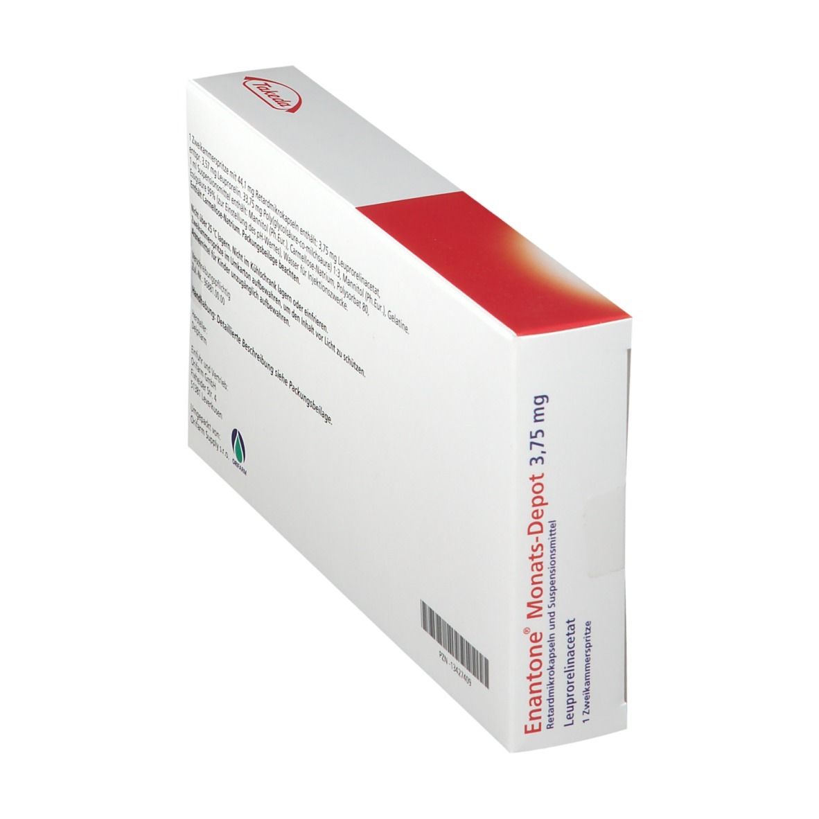 Schachtel Enantone Monats-Depot 3,75 mg, schräg von hinten. Rote und weiße Farbgebung. Takeda-Logo.