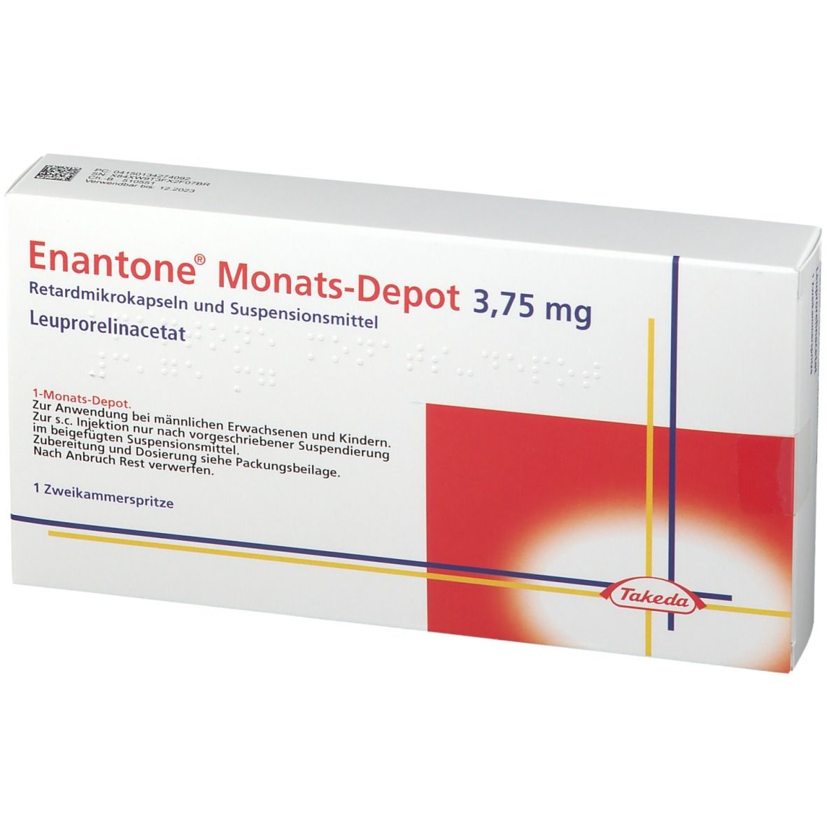 Schachtel mit Aufschrift Enantone Monats-Depot 3,75 mg. Rote und weiße Farbgebung. Takeda-Logo.