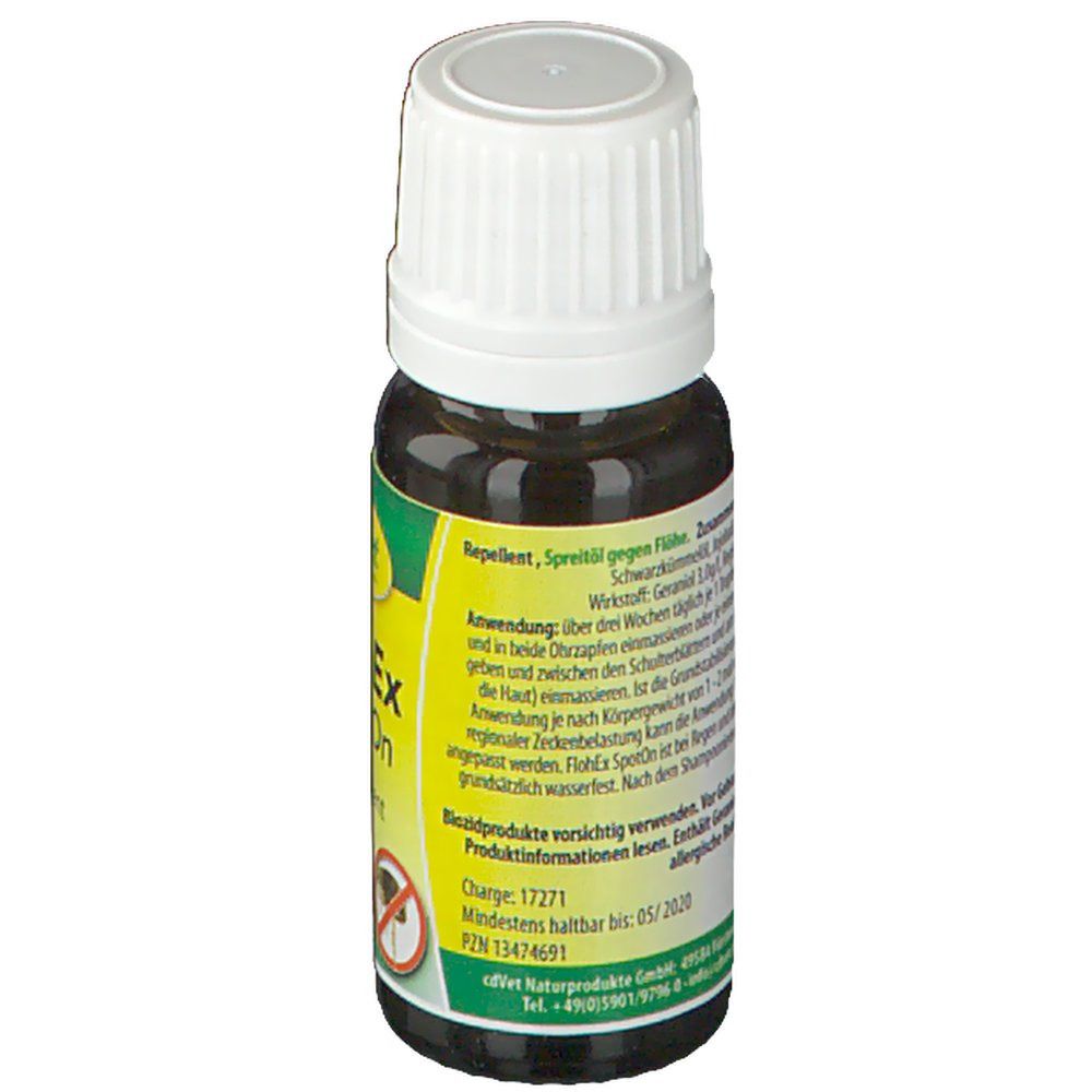 Rückseite der Flasche. Textinformationen auf gelbem Hintergrund. Produktname und Warnhinweise.