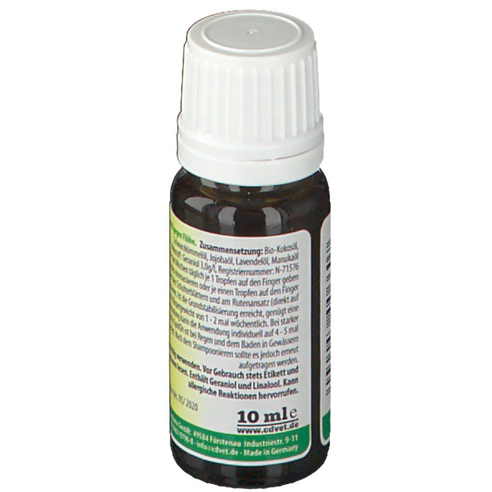 Rückseite der Flasche mit Text. Inhaltsstoffe, Anwendungshinweise und Herstellerinformationen.