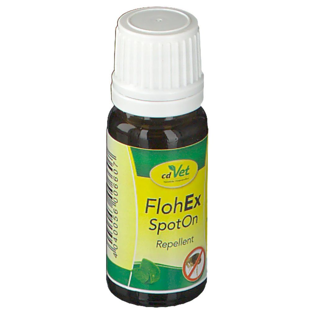 Braune Flasche mit weißem Deckel. Aufkleber mit Produktnamen FlohEx SpotOn und Logo.