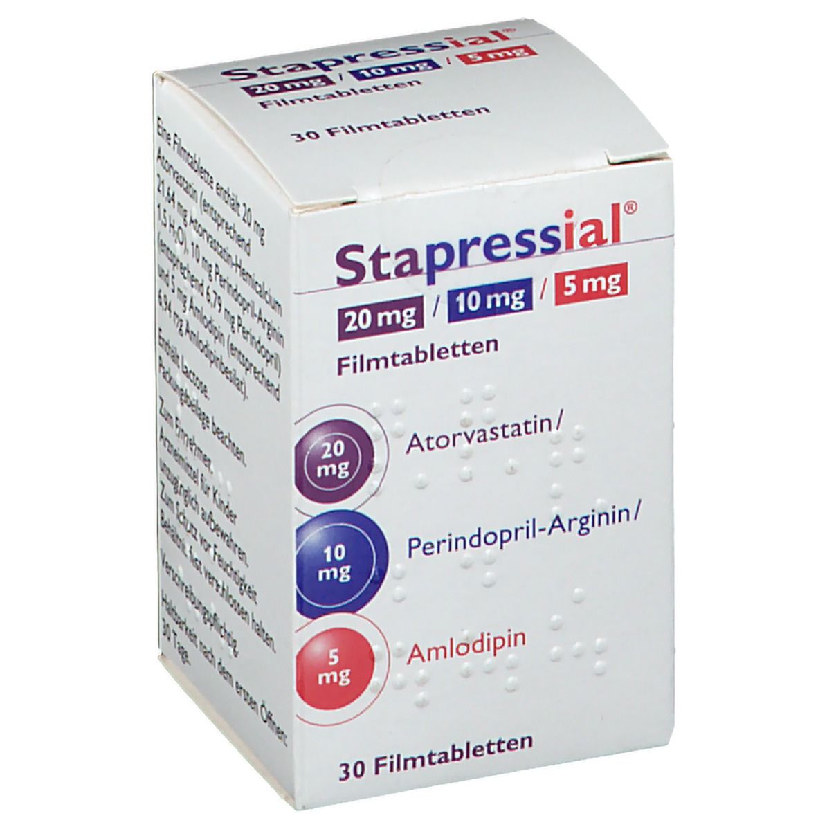 Schachtel mit Stapressial 20 mg/10 mg/5 mg Filmtabletten. Aufschrift: 30 Filmtabletten. Enthält Atorvastatin, Perindopril-Arginin und Amlodipin.