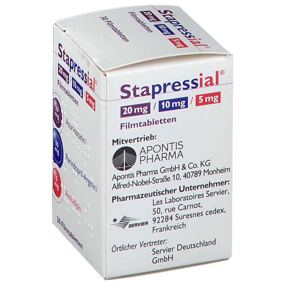 Schachtel mit Stapressial 20 mg/10 mg/5 mg Filmtabletten. Hersteller: Aponits Pharma. Adresse und Logo von Servier. 30 Filmtabletten.