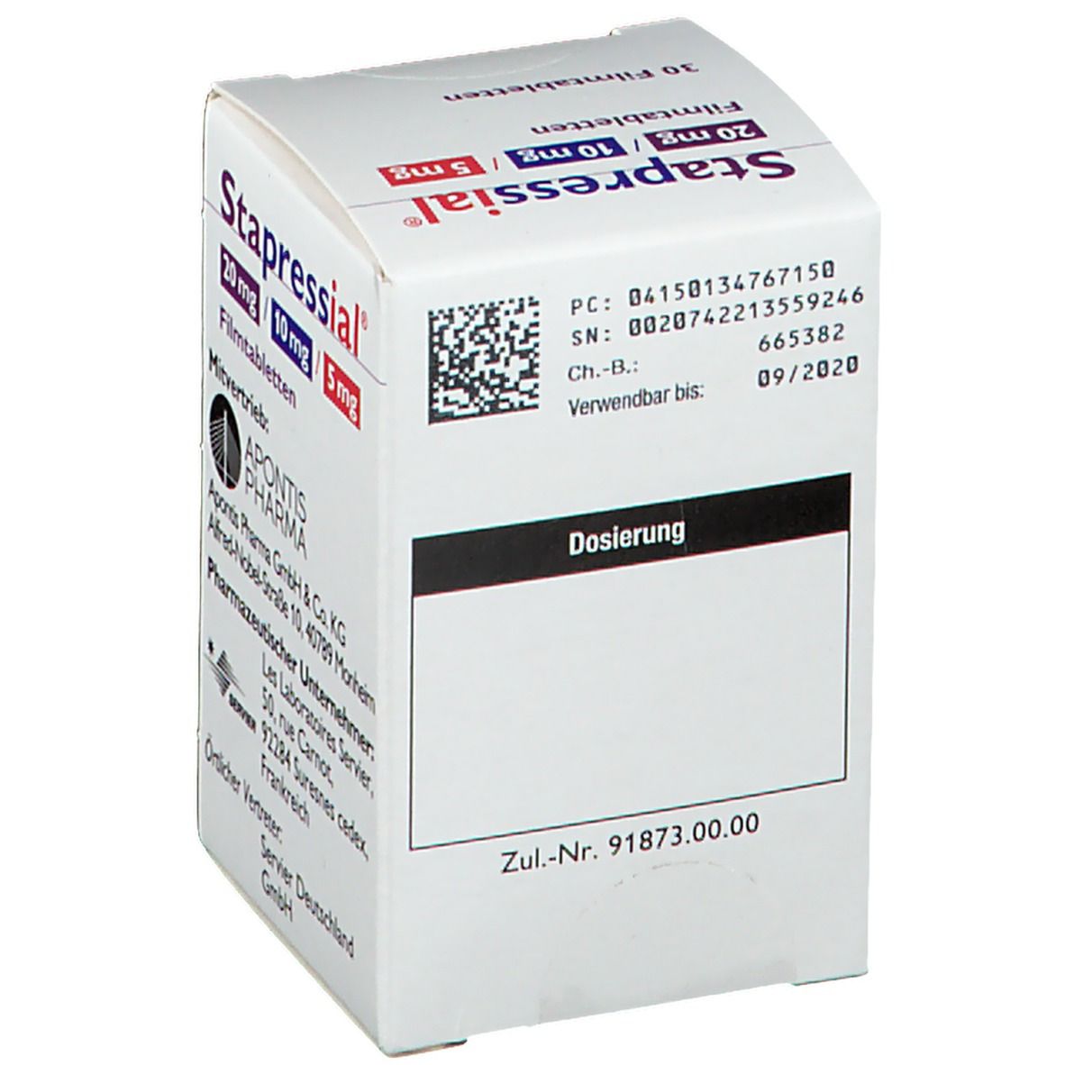 Rückseite der Stapressial-Schachtel. Enthält QR-Code, Chargennummer, Verfallsdatum und Zulassungsnummer. Dosierungsfeld.