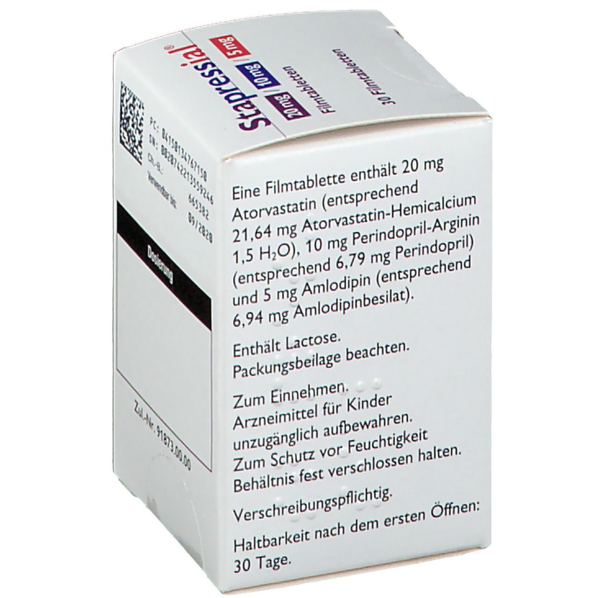 Rückseite der Stapressial-Schachtel mit Inhaltsangaben: Atorvastatin, Perindopril-Arginin, Amlodipin. Enthält Lactose. Verschreibungspflichtig.
