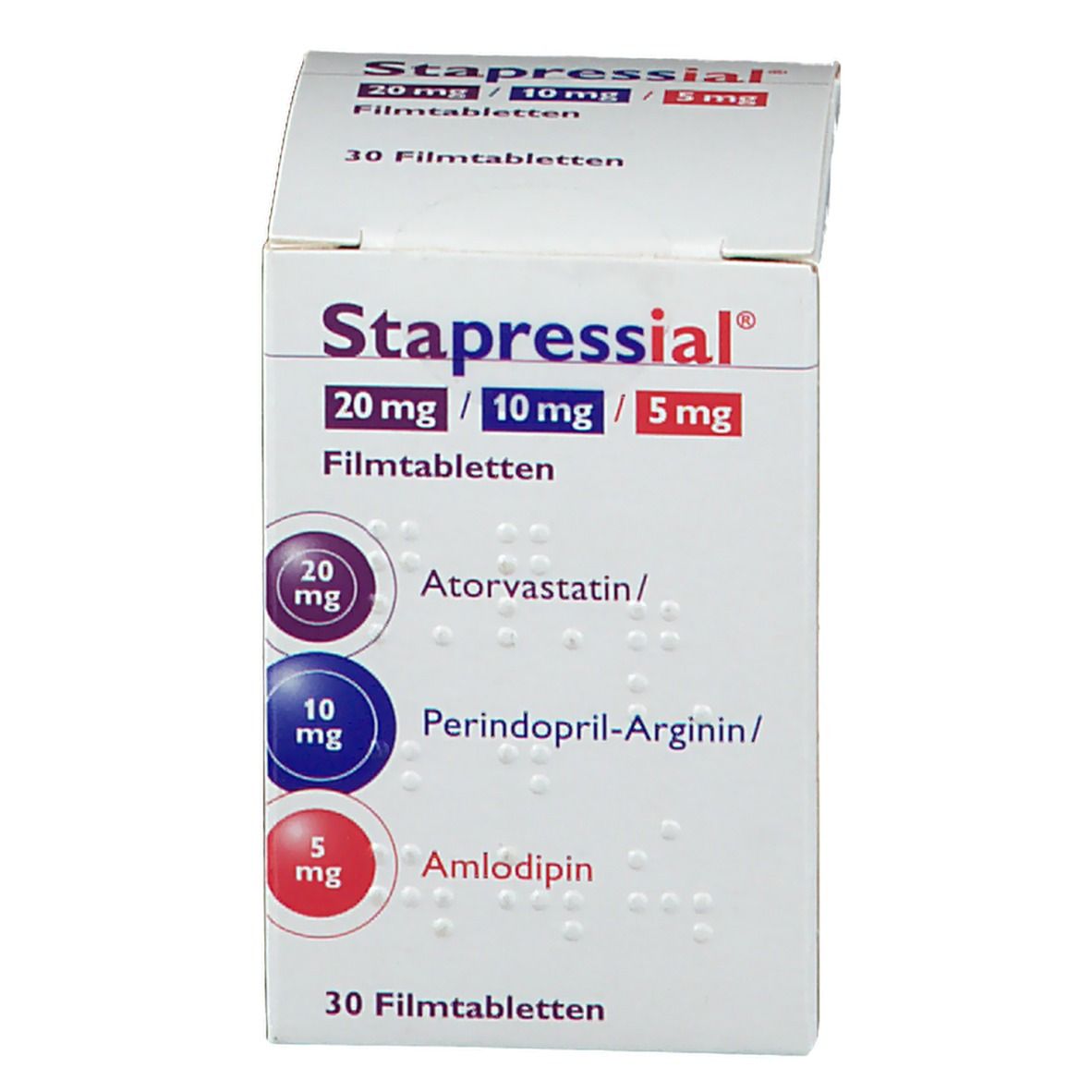 Geöffnete Schachtel mit Stapressial 20 mg/10 mg/5 mg Filmtabletten. Aufschrift: 30 Filmtabletten. Enthält Atorvastatin, Perindopril-Arginin und Amlodipin.