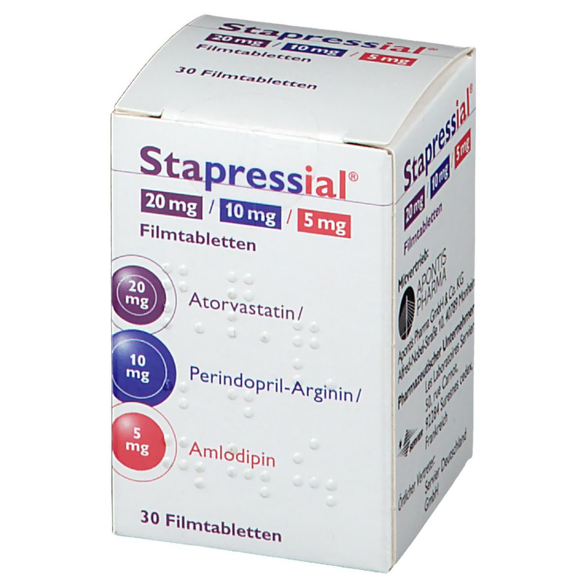 Schachtel mit Stapressial 20 mg/10 mg/5 mg Filmtabletten. Aufschrift: 30 Filmtabletten. Enthält Atorvastatin, Perindopril-Arginin und Amlodipin.