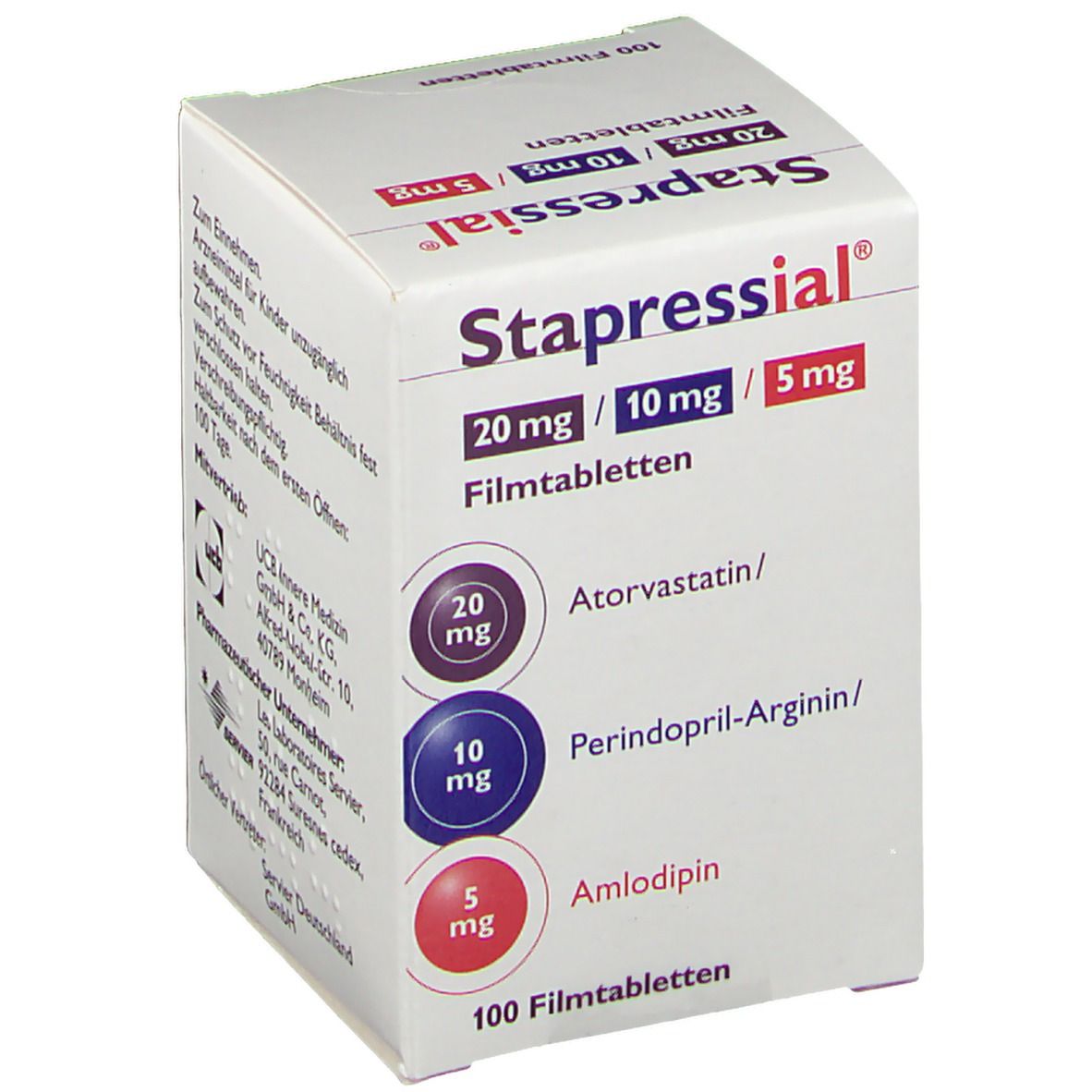 Schachtel mit Stapressial® Filmtabletten. Aufschrift: 20 mg/10 mg/5 mg. Enthält Atorvastatin, Perindopril-Arginin und Amlodipin. 100 Filmtabletten.