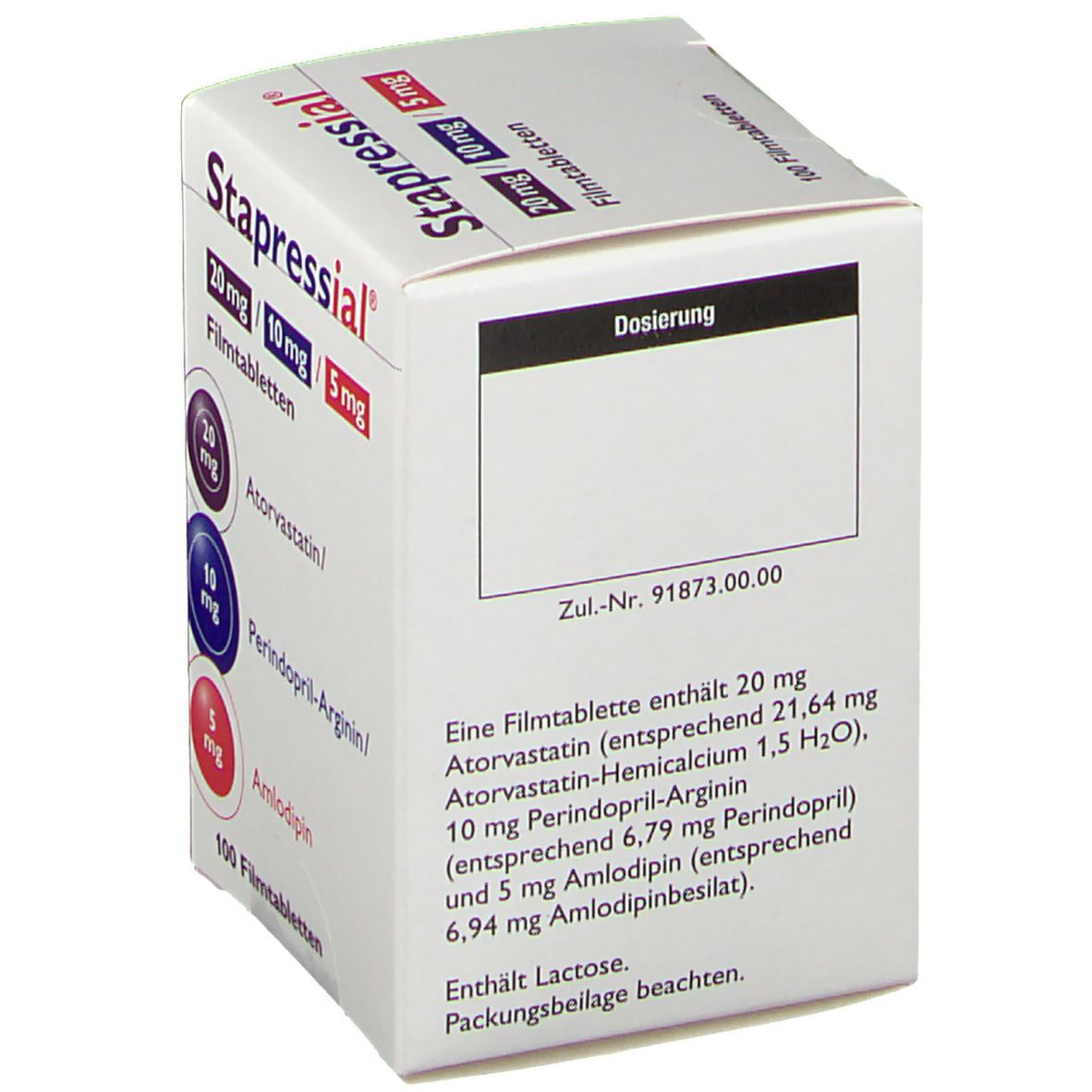 Schachtel Stapressial® Filmtabletten. Rückseite mit Dosierungsangaben und Inhaltsstoffen. Enthält 20 mg Atorvastatin, 10 mg Perindopril und 5 mg Amlodipin.