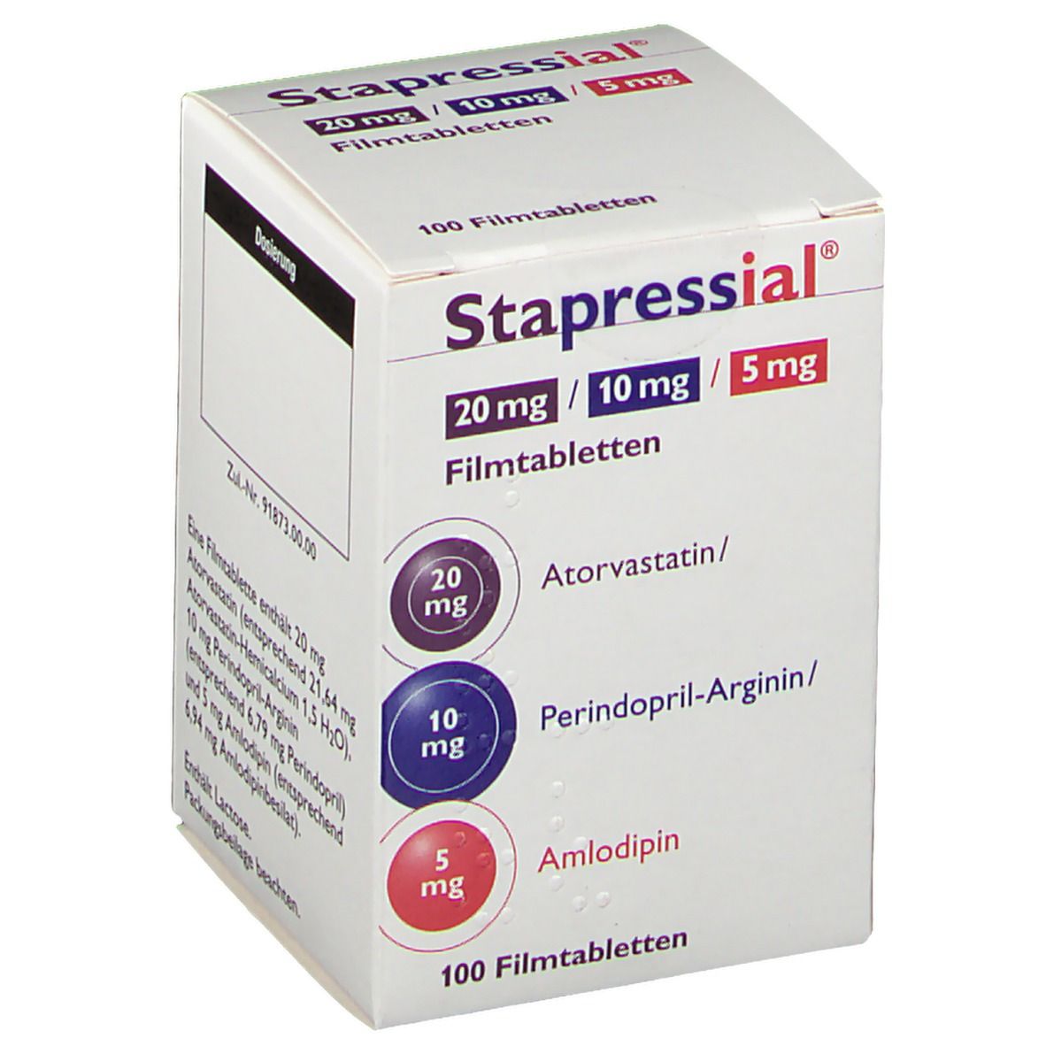 Schachtel Stapressial® Filmtabletten. Aufschrift: 20 mg/10 mg/5 mg. Enthält Atorvastatin, Perindopril-Arginin und Amlodipin. 100 Filmtabletten.