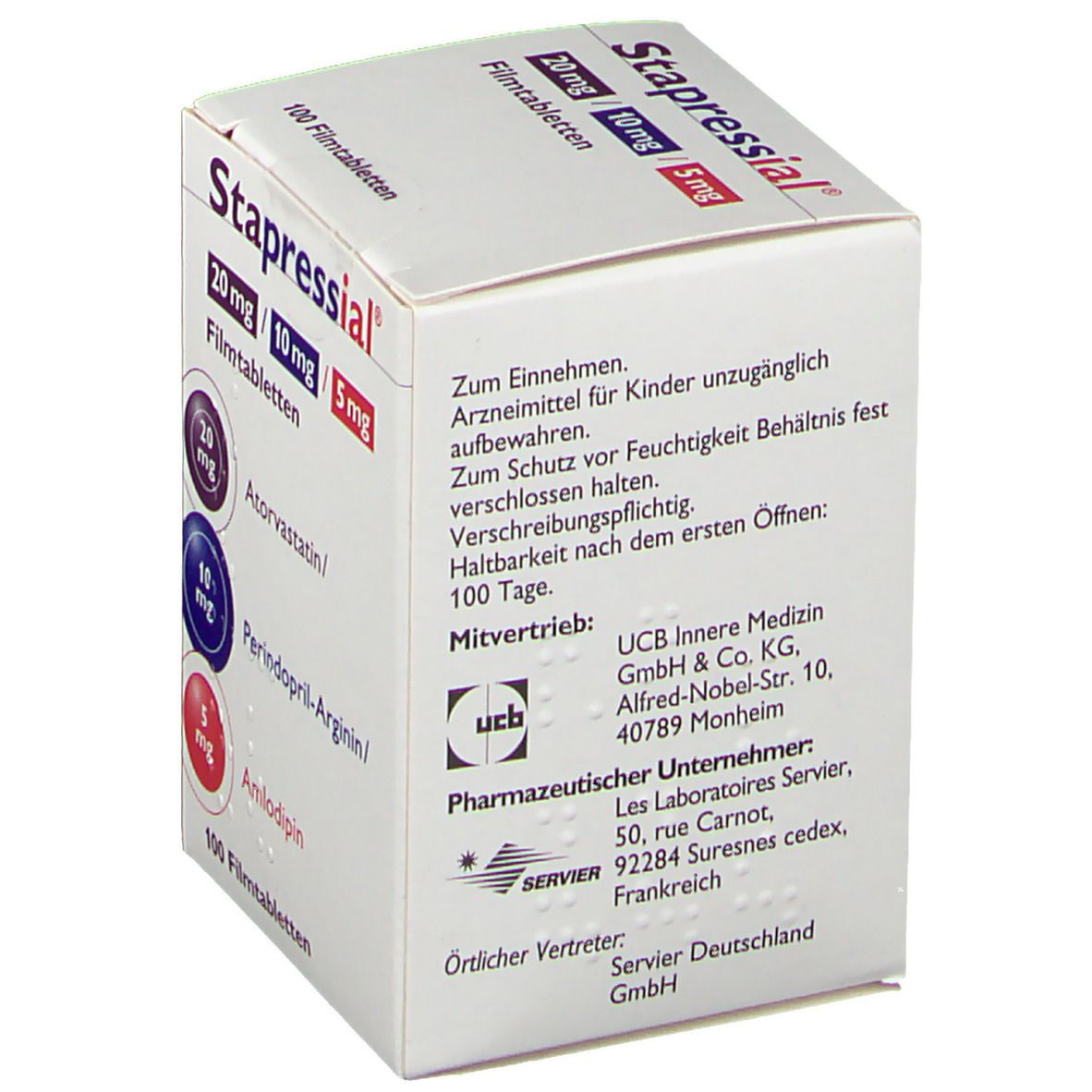 Schachtel Stapressial® Filmtabletten. Aufschrift: 20 mg/10 mg/5 mg. Enthält Atorvastatin, Perindopril-Arginin und Amlodipin. Herstellerinformationen.
